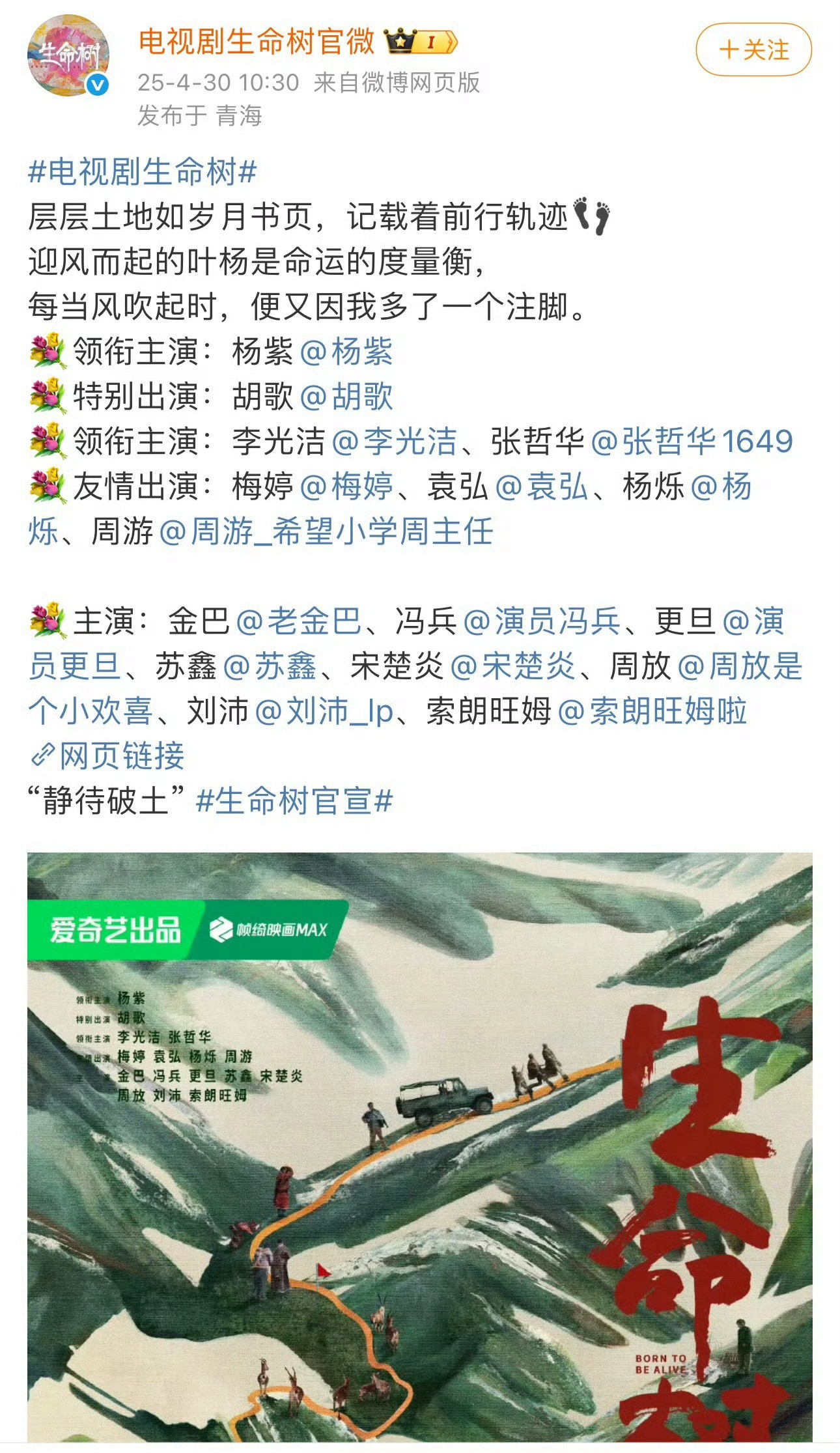 【生命树官宣杨紫和胡歌搭档正午新剧】《生命树》终于官宣，主演杨紫、胡歌，正午这次