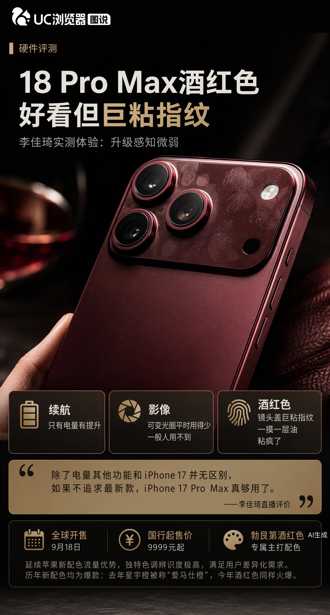 李佳琦实测iPhone18ProMax直言升级感知微弱，除电量外与上代无异。更吐槽主打色勃艮第红巨粘