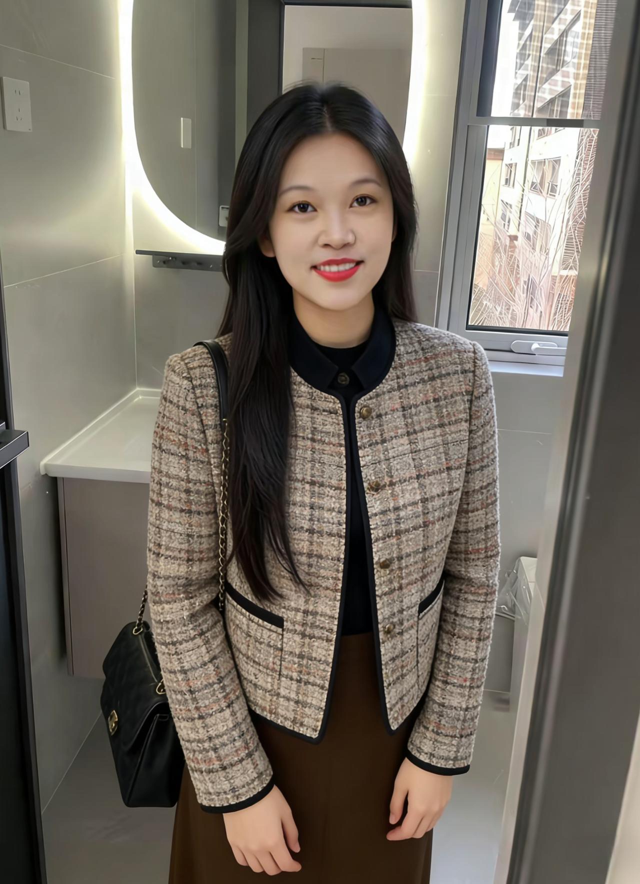 棕裙灰衣映灯柔，笑靥轻开胜玉钩。不借东风催柳色，一颦一笑尽含秋。