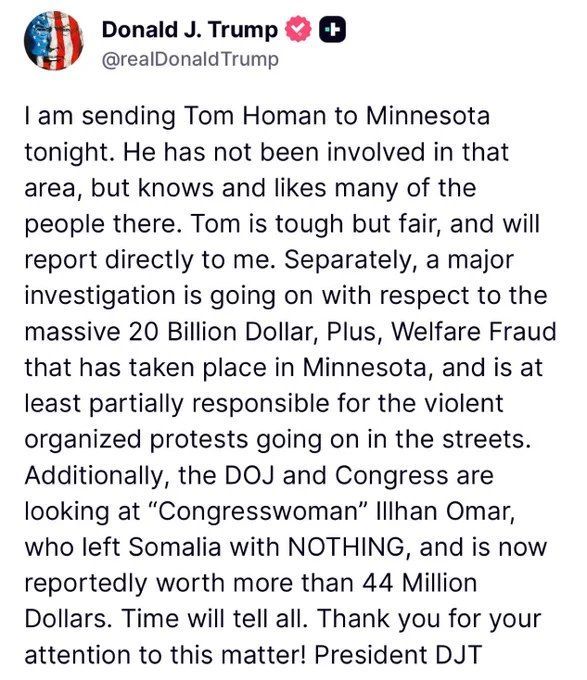 川普宣布将派遣TomHoman前往明尼苏达州，理由是当地动荡以及联邦正在调查涉