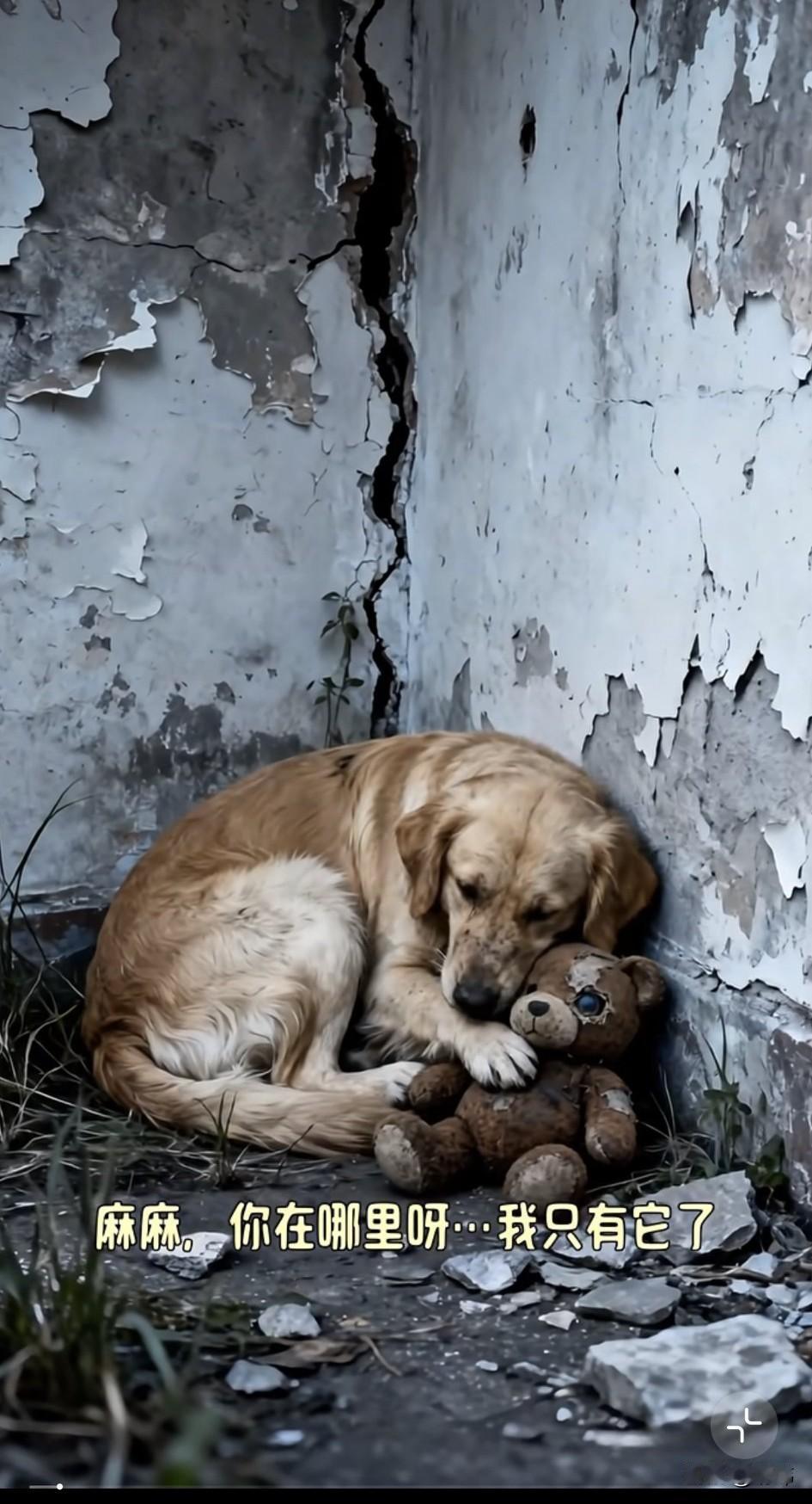 泪目了！一只流浪狗抱着它的小熊，落寞地蜷缩在一个墙角回想着当初主人给它买来这个小