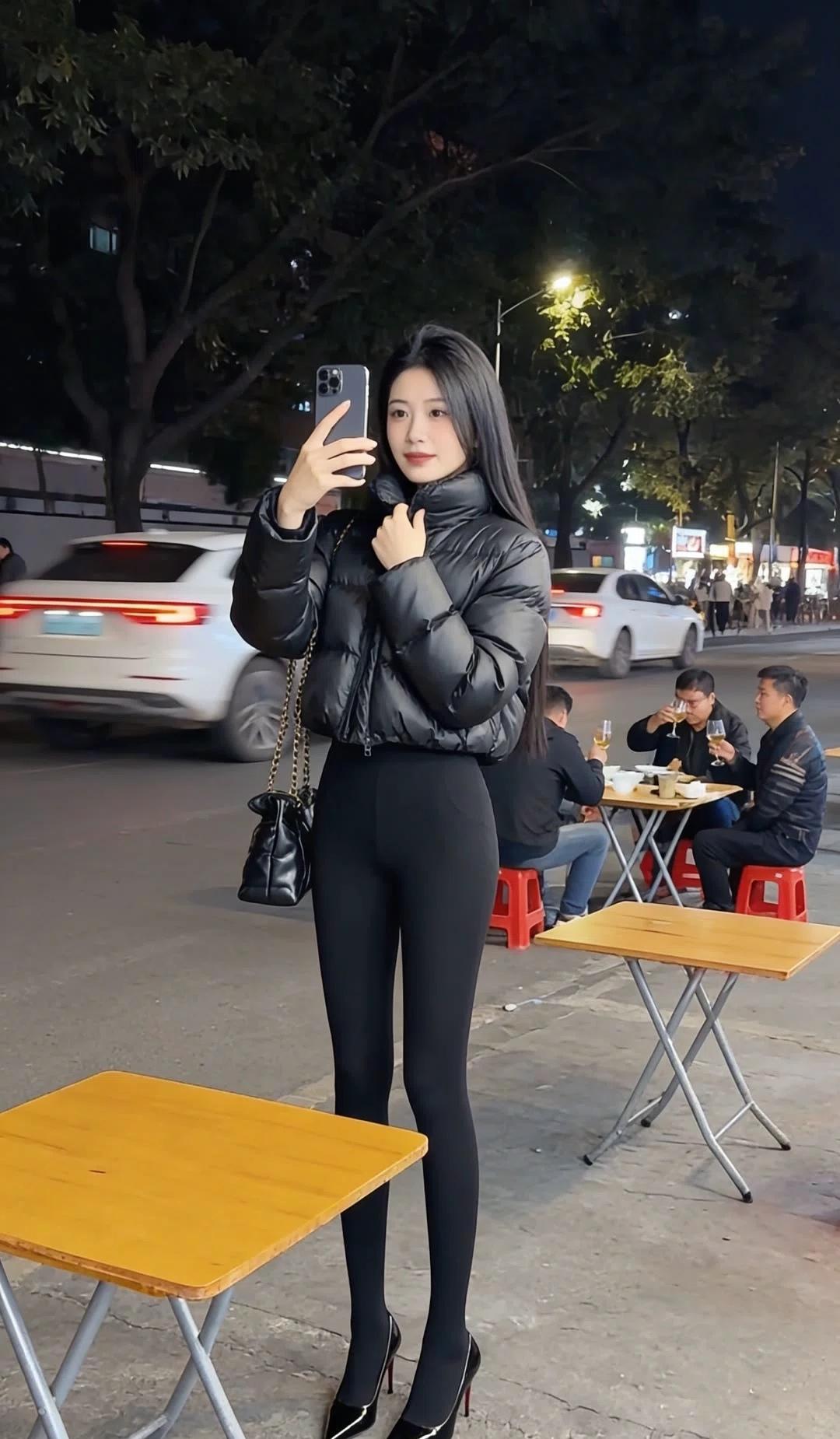 夜晚街拍，时尚穿搭，自信自拍，都市夜景