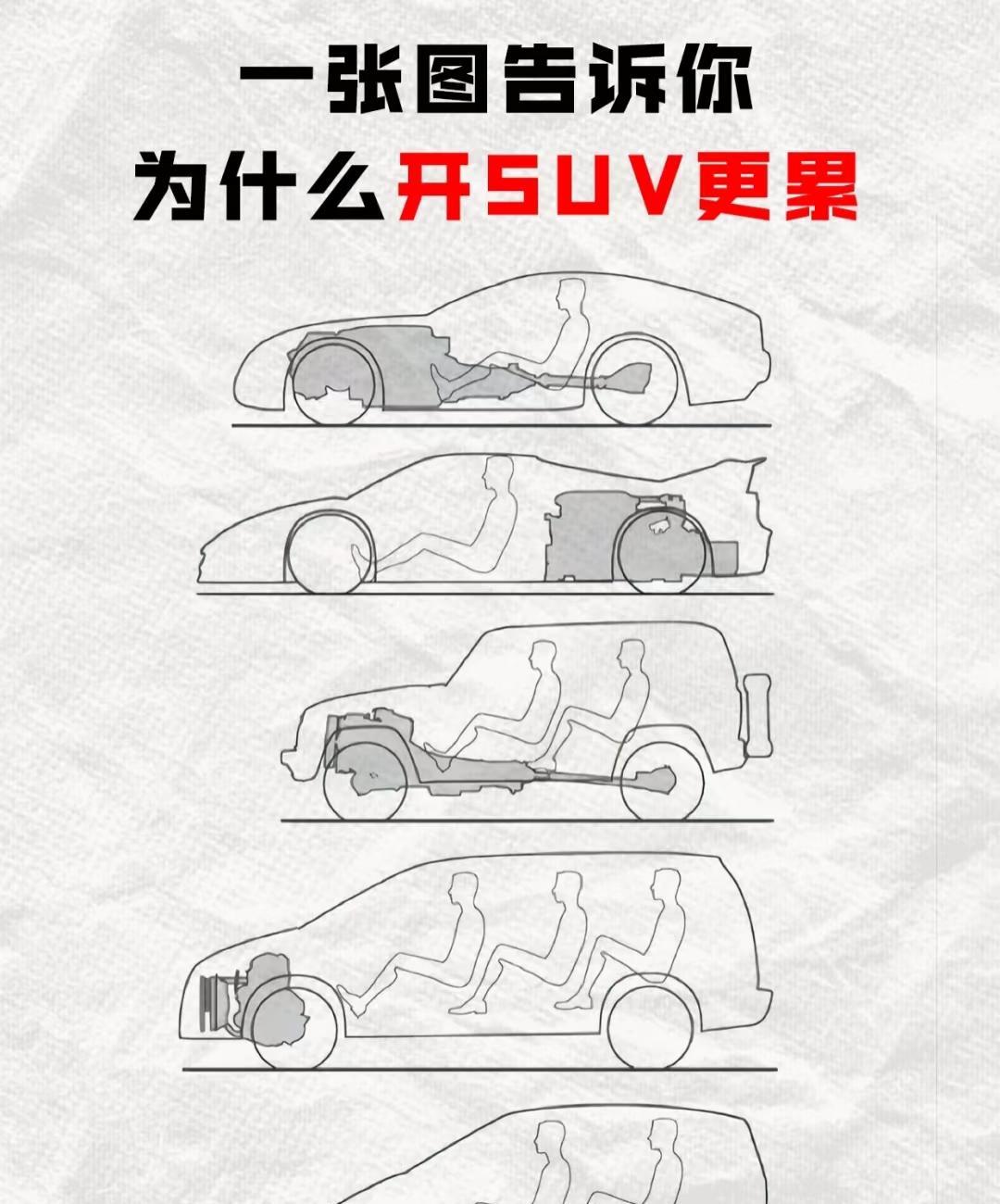有没有觉得开SUV比轿车累？看这张图就明白啦～从车身结构和驾驶坐姿能看出，S