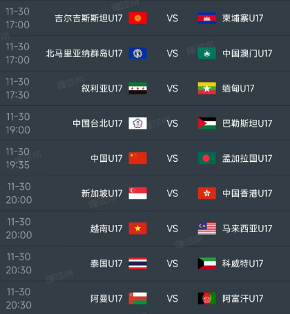 北京时间11月30日，U17亚洲杯预选赛小组赛第5轮部分赛程如下：A组：15