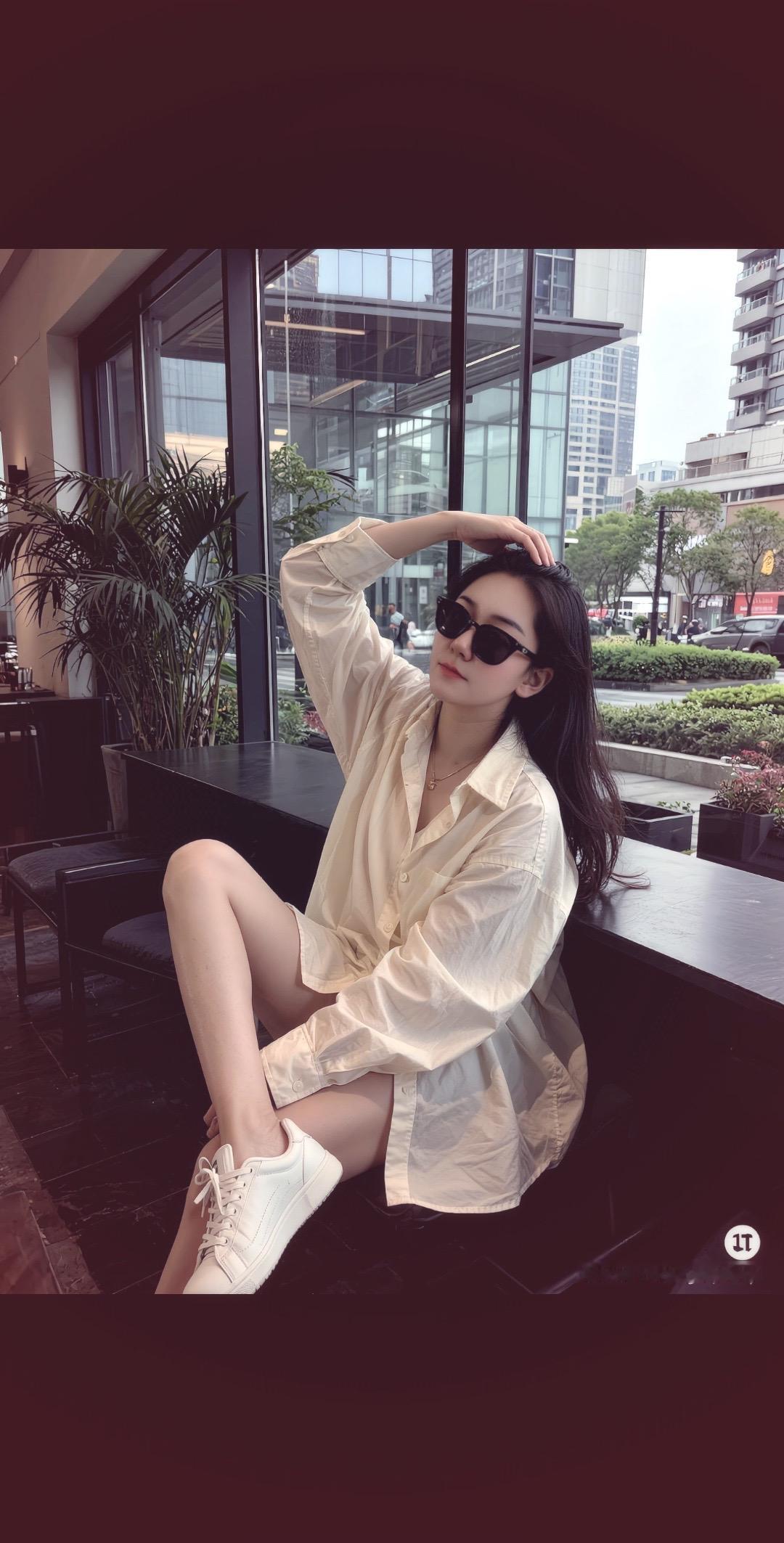 慵懒白色衬衫咖啡店穿搭