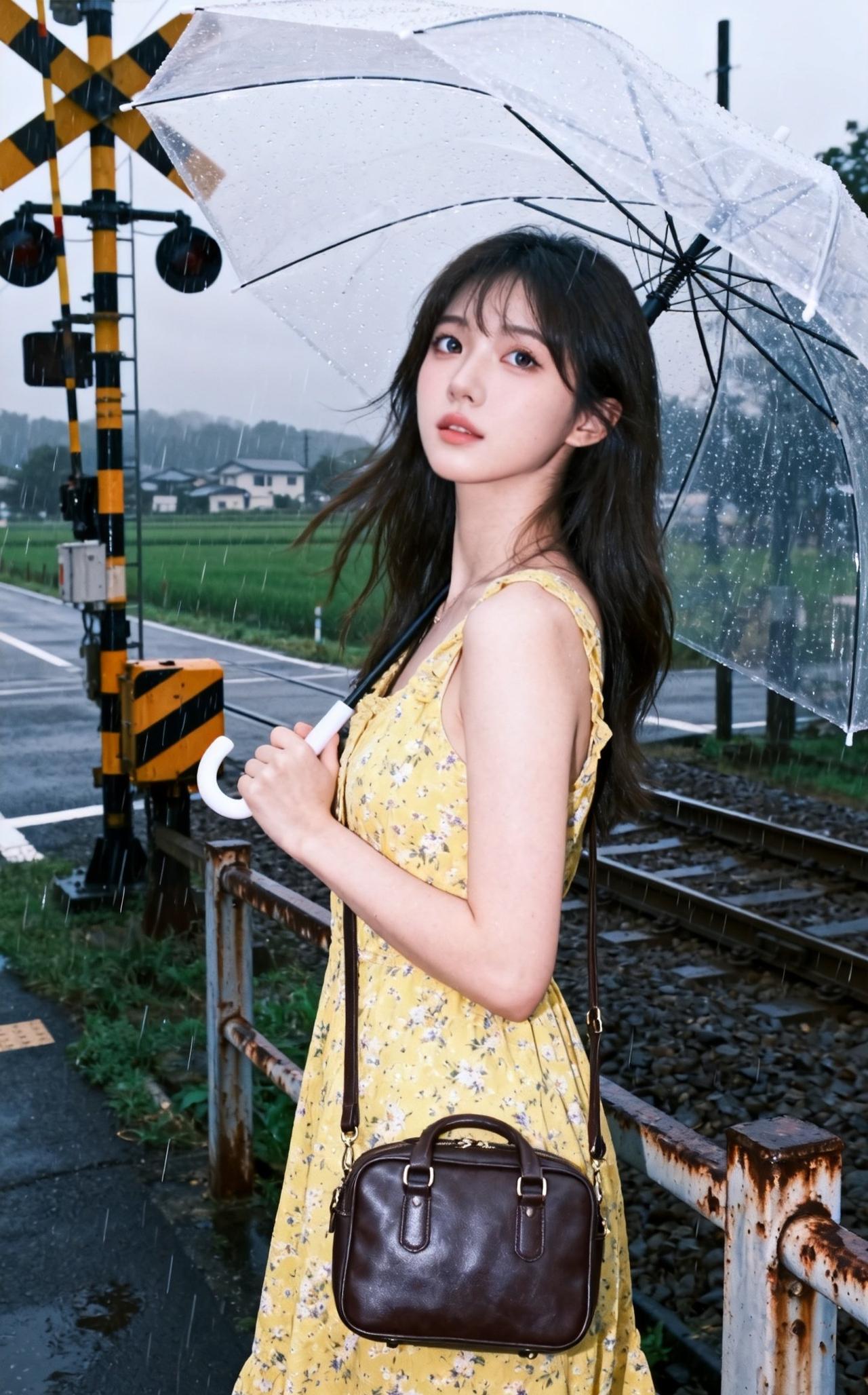 雨中漫步，撑伞少女，清新自然，花裙飘逸，浪漫气息。美女的美丽瞬间分享少女感穿搭