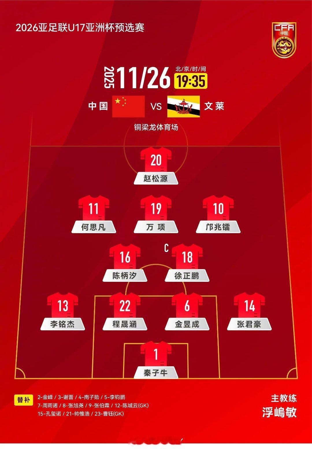 u17国足vs文莱u.17u17亚预赛第三场对阵文莱首发阵容