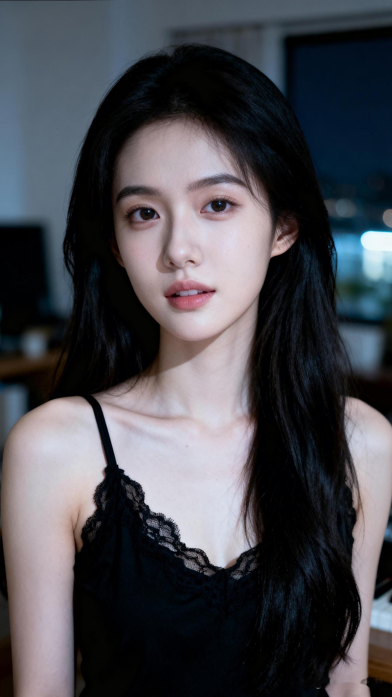 黑发如瀑，明眸似水。你心目中的美人夜晚的灯光下，黑发少女，温柔动人。