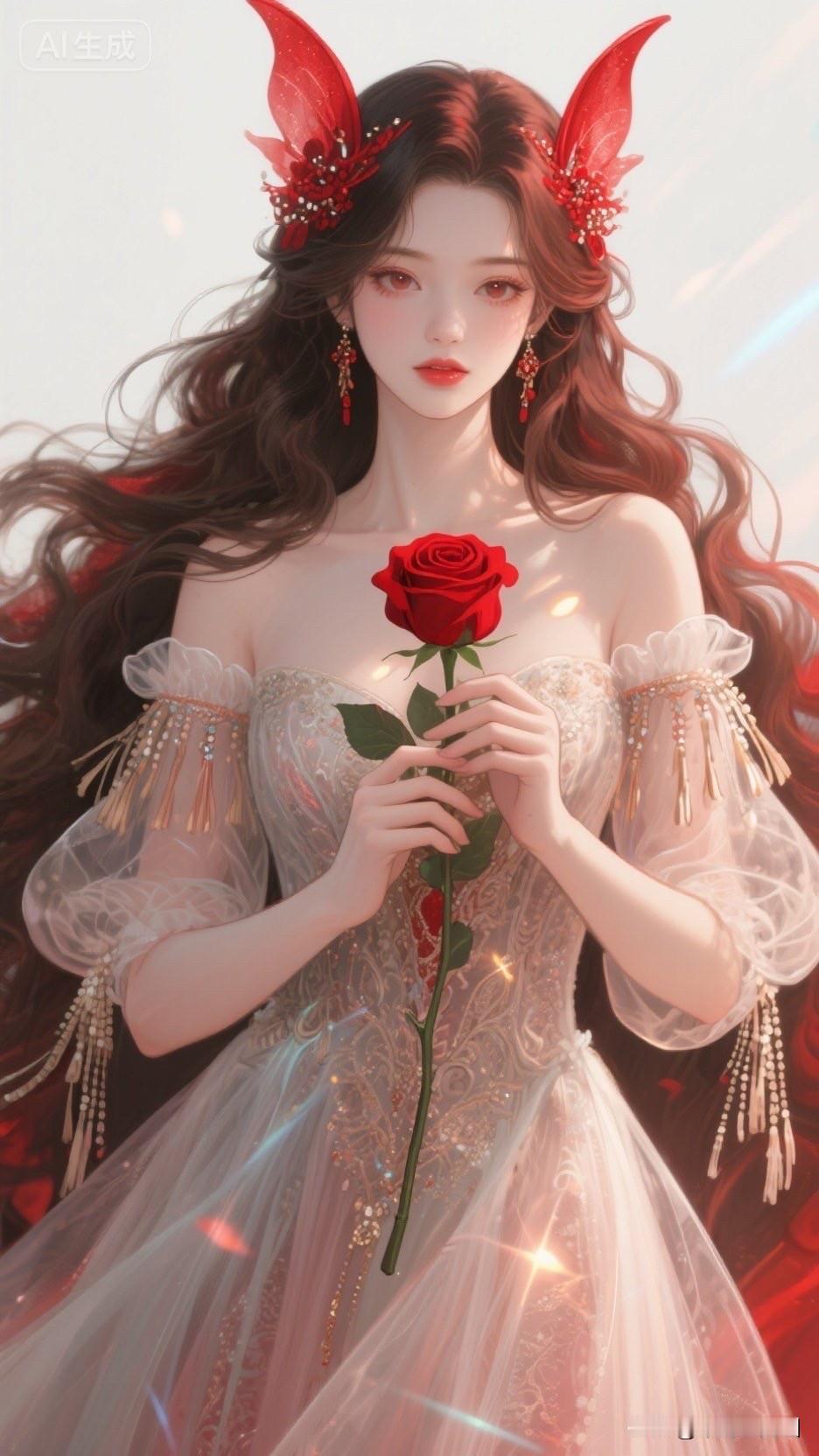 梦幻红玫瑰，天使般的少女，AI生成，美轮美奂！