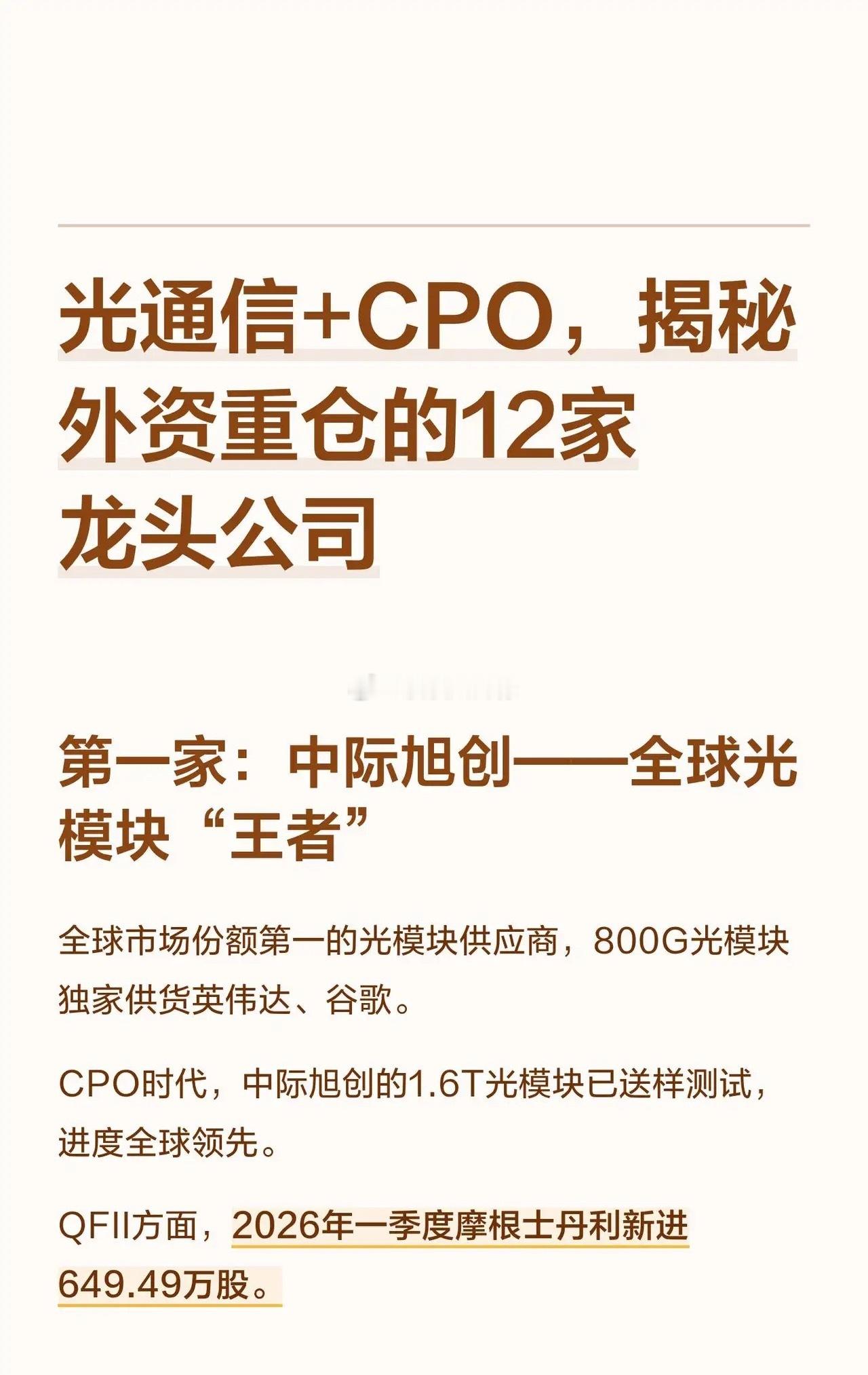 光通信+CPO，揭秘外资重仓的12家龙头公司2026年，AI算力竞赛进入下半场。