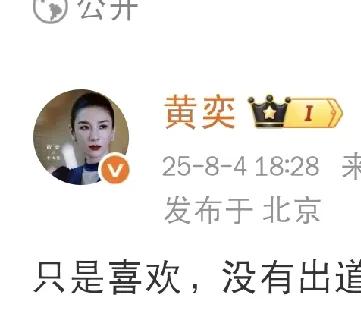 黄奕，又被吐槽！8月4日下午，黄奕用一句话回应了女儿出道的传闻：“只是喜欢，