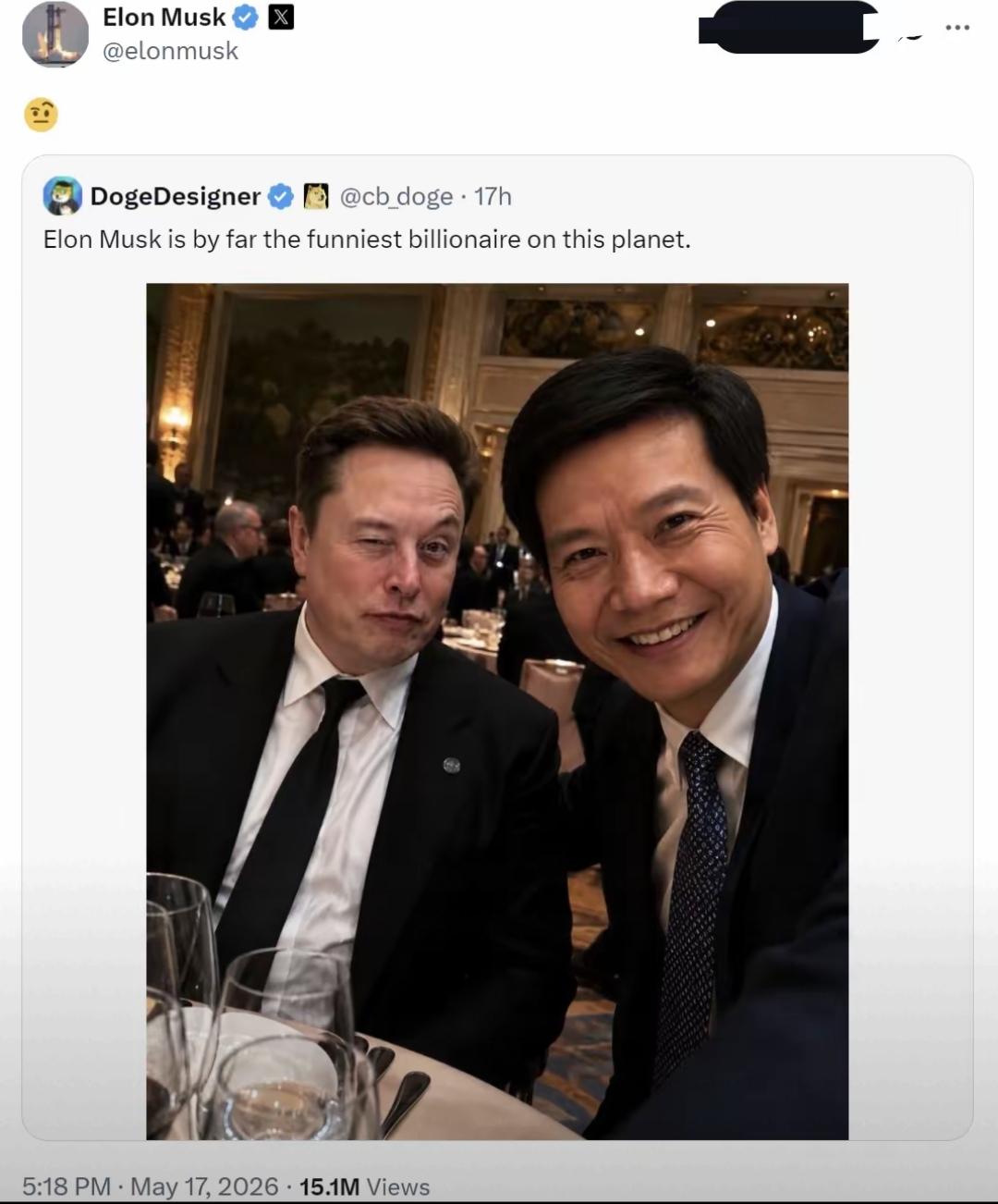 关于雷军和马斯克的合影，双方都有了回应，马斯克比较干脆，直接在自己的媒体账号上发