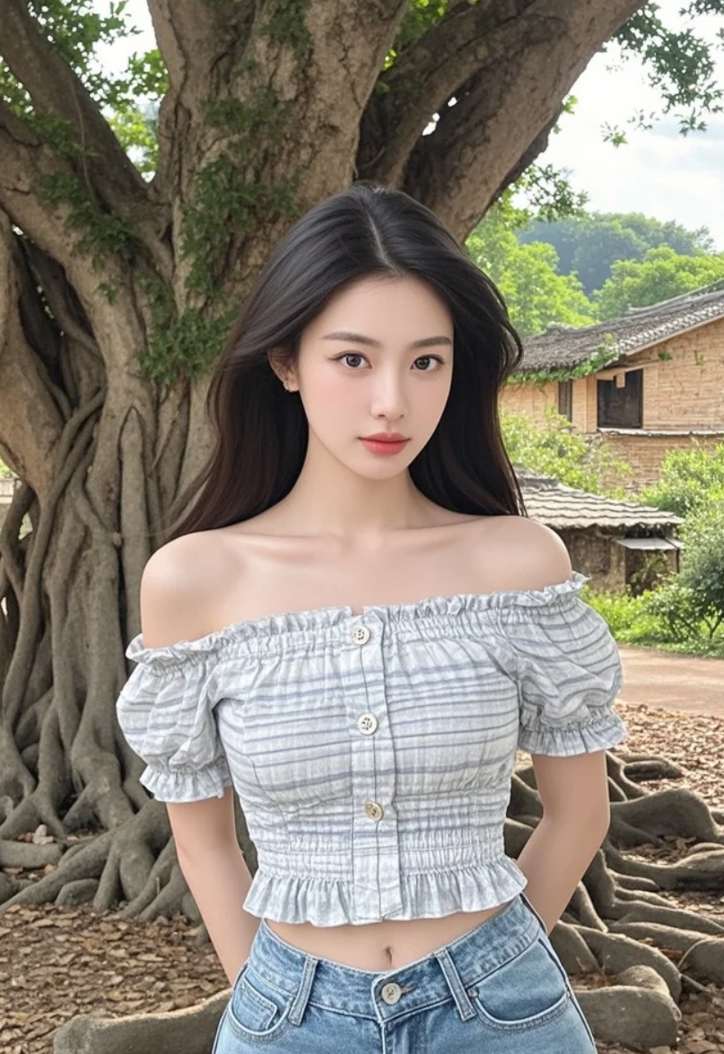 村中最美的风景线：她站在大榕树下，风吹裙角。