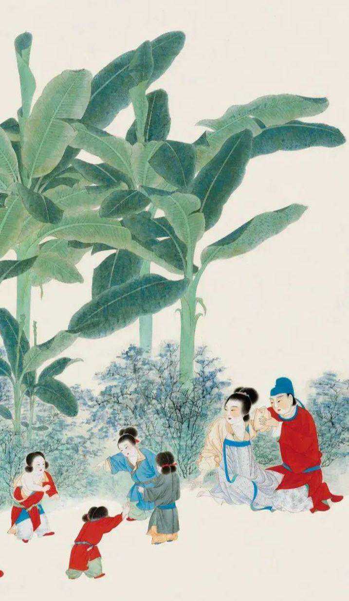 张大千《拟周文矩戏婴图》，取法五代周文矩笔意，工笔设色精丽典雅。绘宫苑婴嬉之景，
