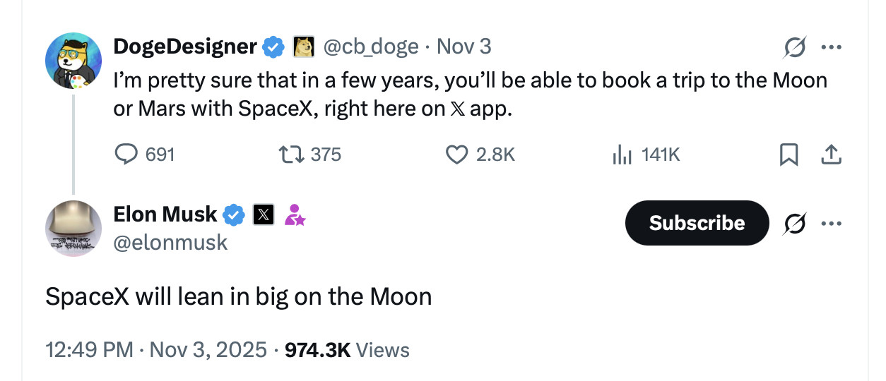 马斯克说：“SpaceX将大力投入月球开发。”​​​