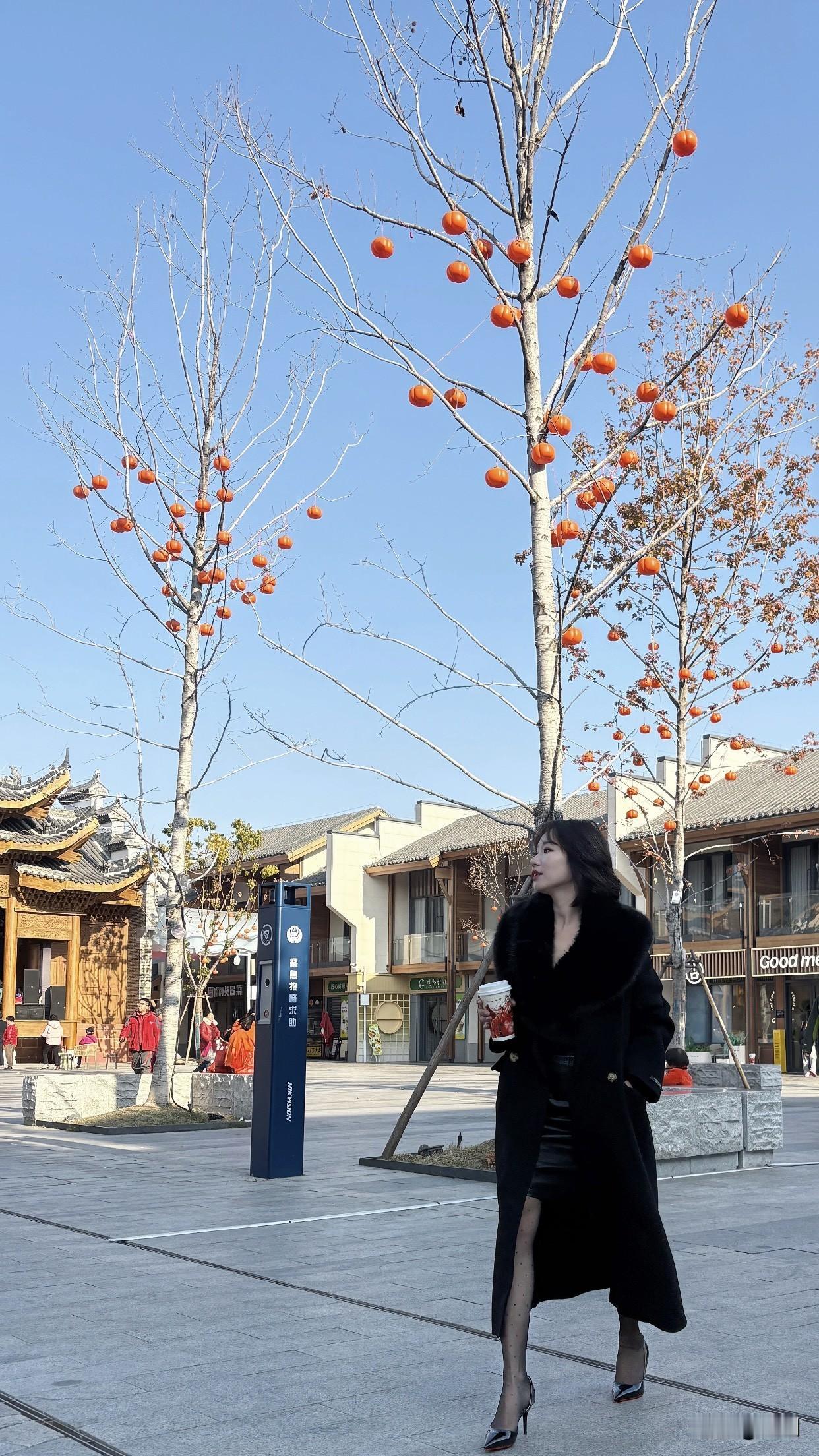 分享卓越的优雅女性秋日午后，黑衣女子静坐湖畔长椅，沉思时光。