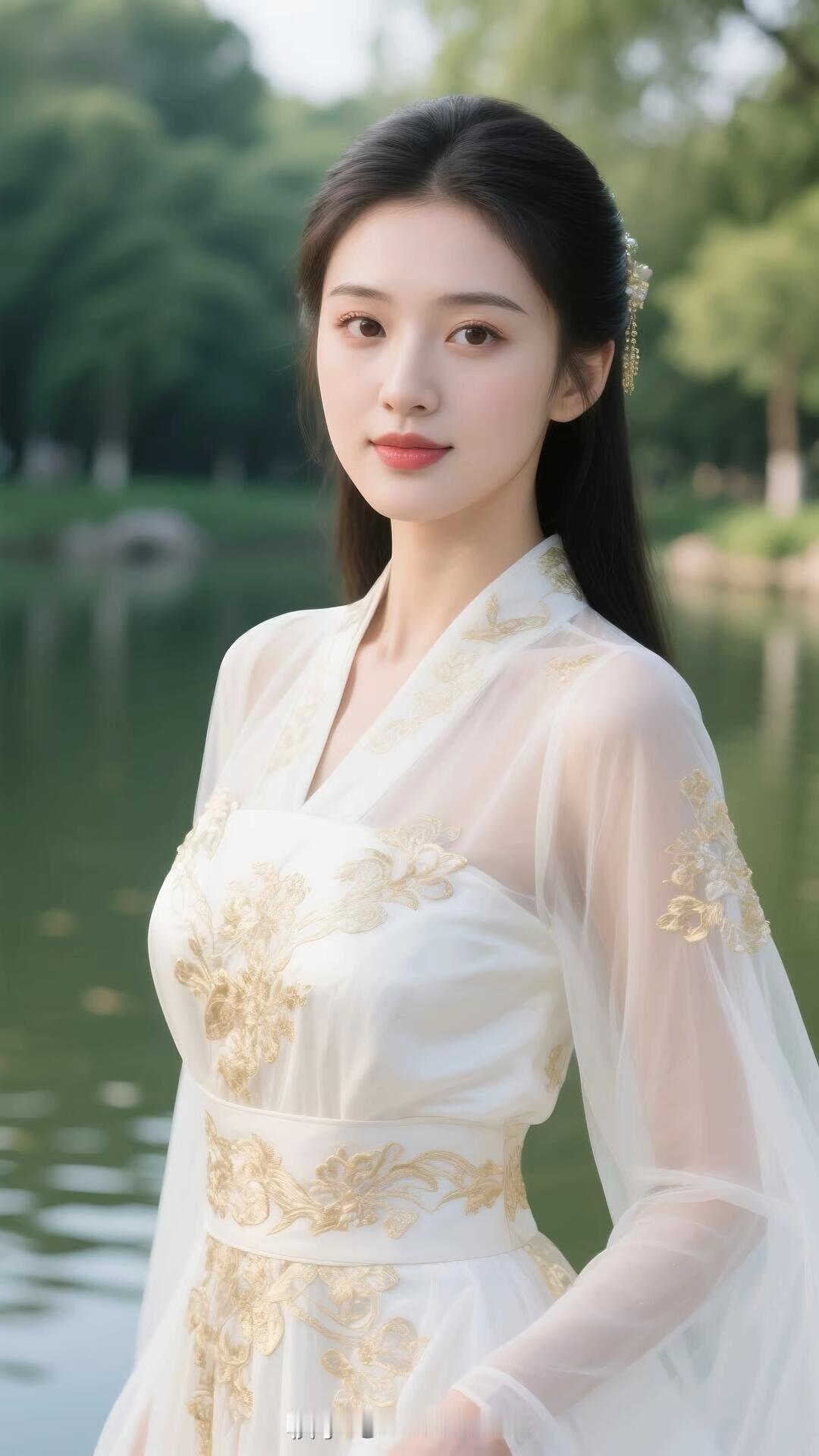 古典美人，湖畔漫步，优雅动人