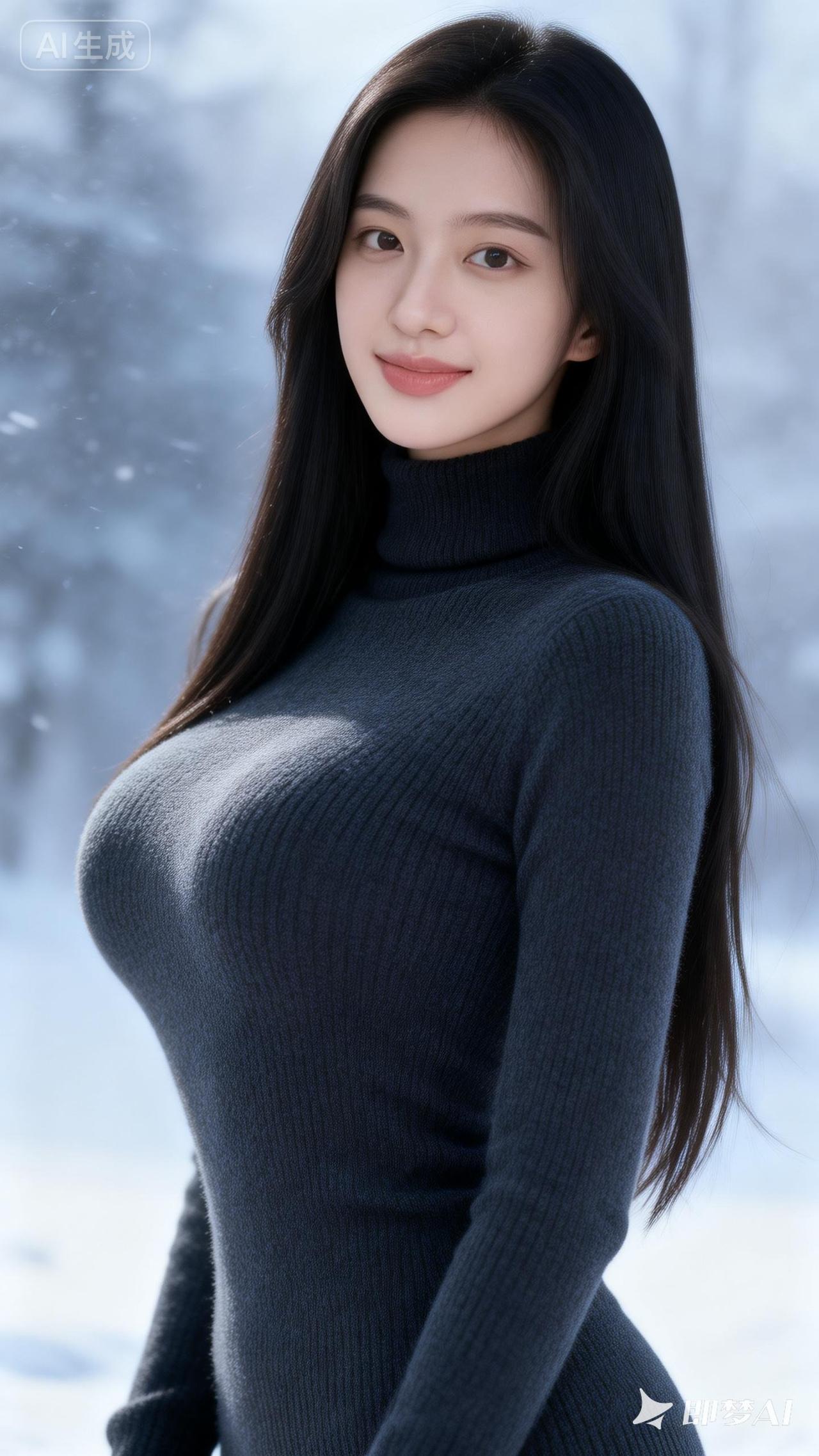 冬日暖阳下的温柔少女，雪景中的甜美笑容