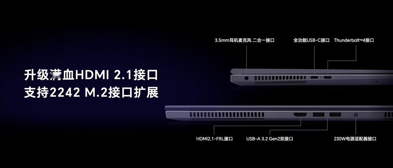 接口方面也不错，有全功能C口，雷电4，HDMI2.1，需要的都有。主要配置如图