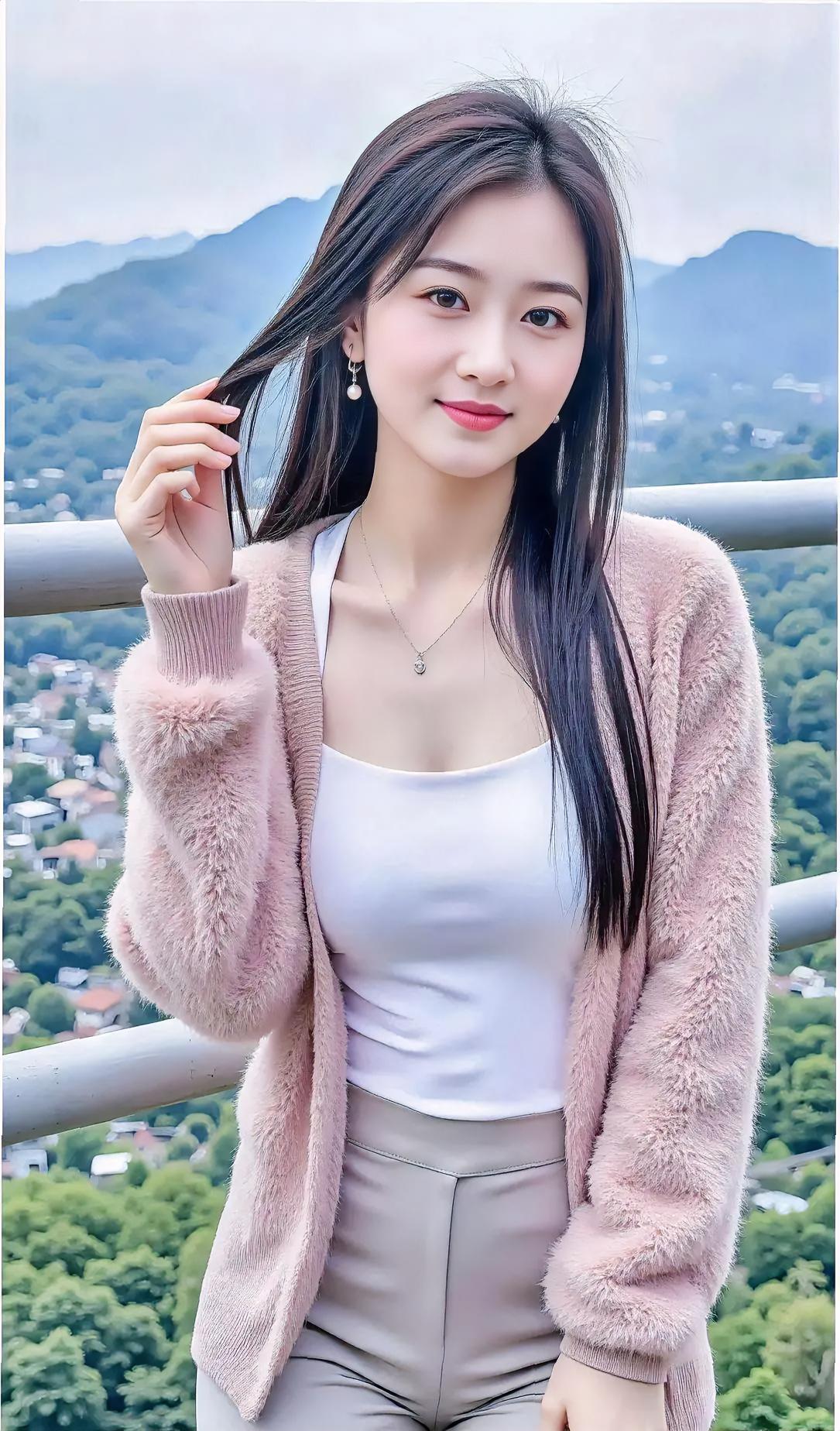 远山含黛，清风自来。一袭粉色毛衫，裹着温柔与自在。指尖轻绕，
