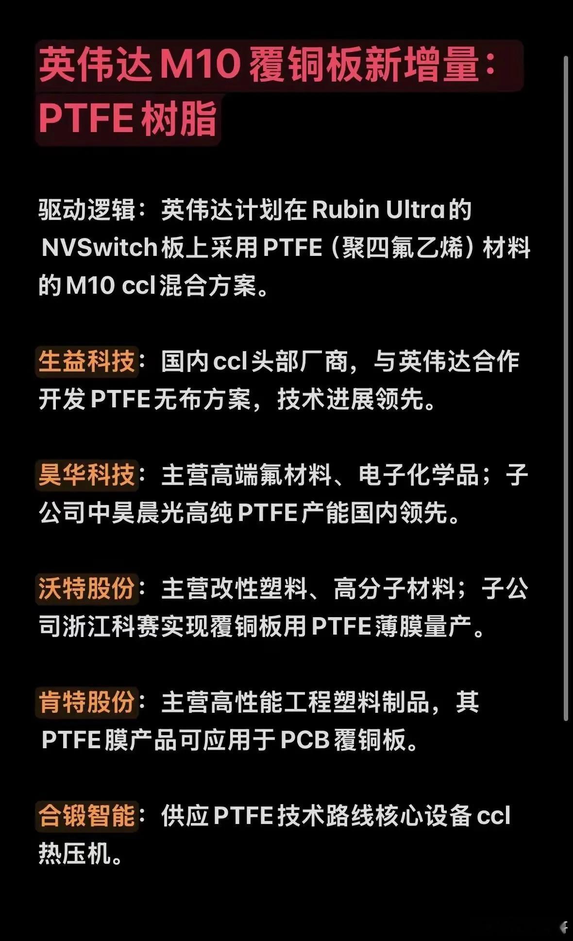 最近市场慢慢在挖掘英伟达Rubin新架构带来的增量，PTFE覆铜板这条支线关注度