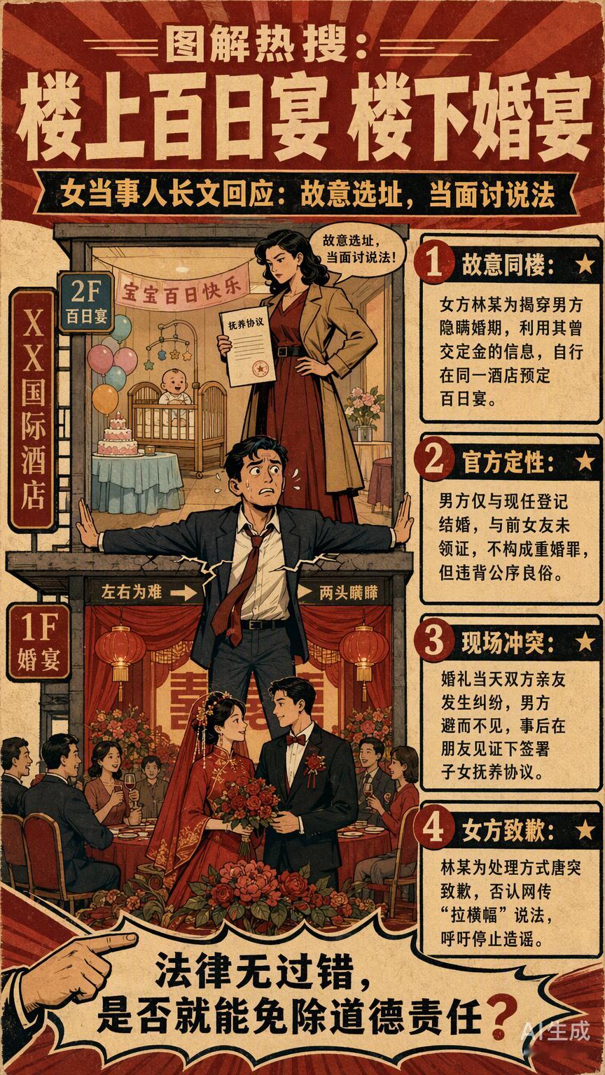 当我们在讨论“楼上百日宴楼下婚宴女当事人长文回应”时，本质上是在谈论一种被法律底线异化的情感清算。很