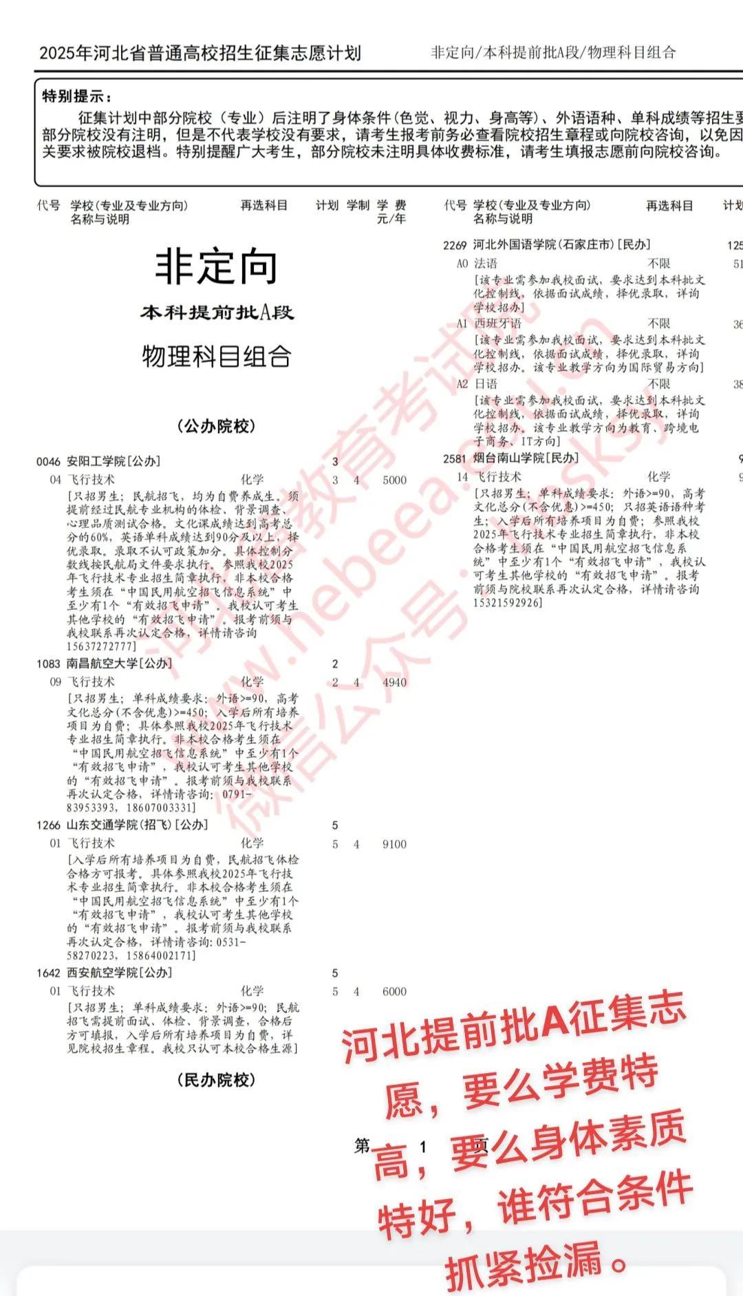 河北省提前批A征集志愿中，物理组合主要征集飞行技术和小语种学生，历史组合主