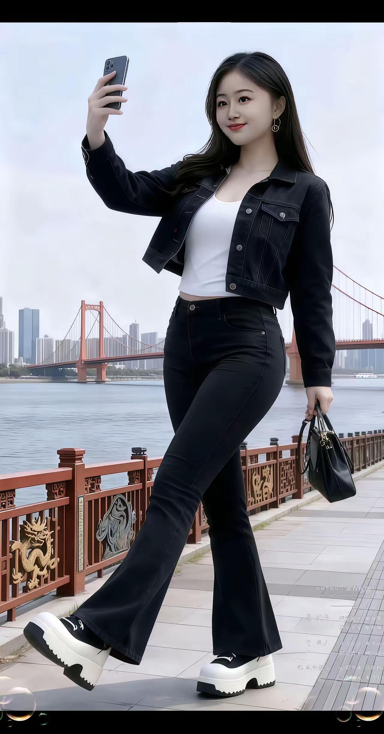 都市时尚少女，金门大桥下自拍，黑白穿搭，自信满满！📸💃🏻