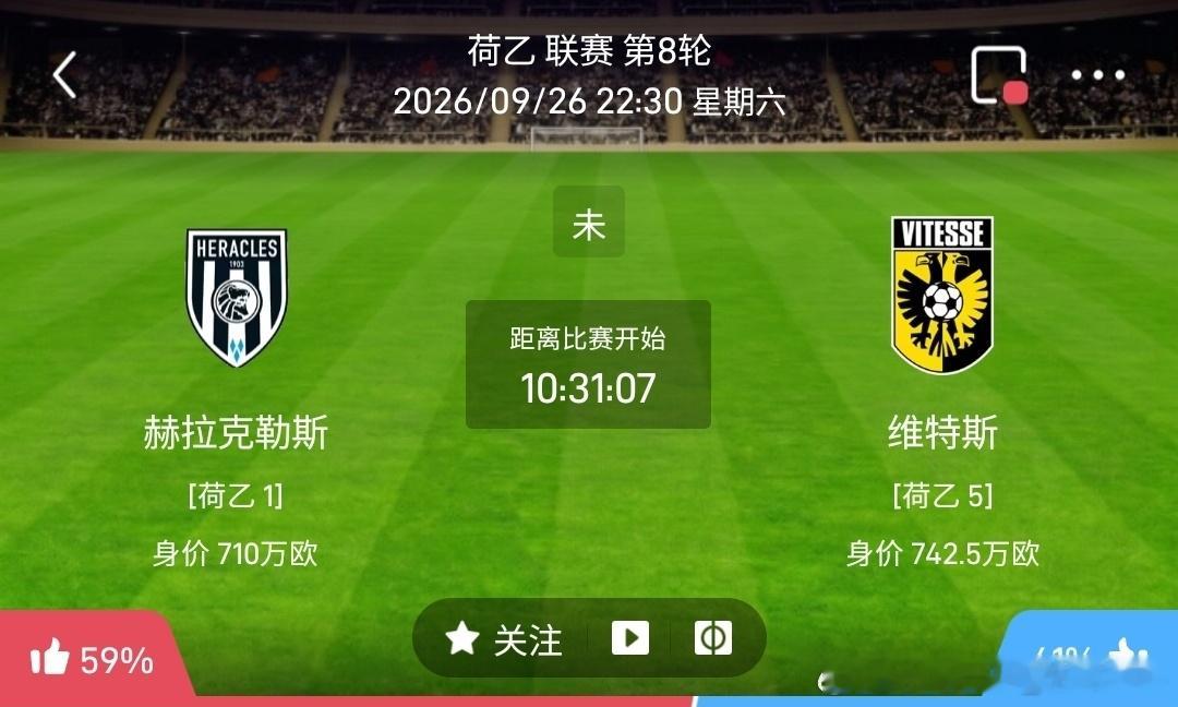 赫拉克勒斯vs维特斯赫拉克勒斯（荷乙联赛第8轮）✅利好：荷乙排名第1，身价7
