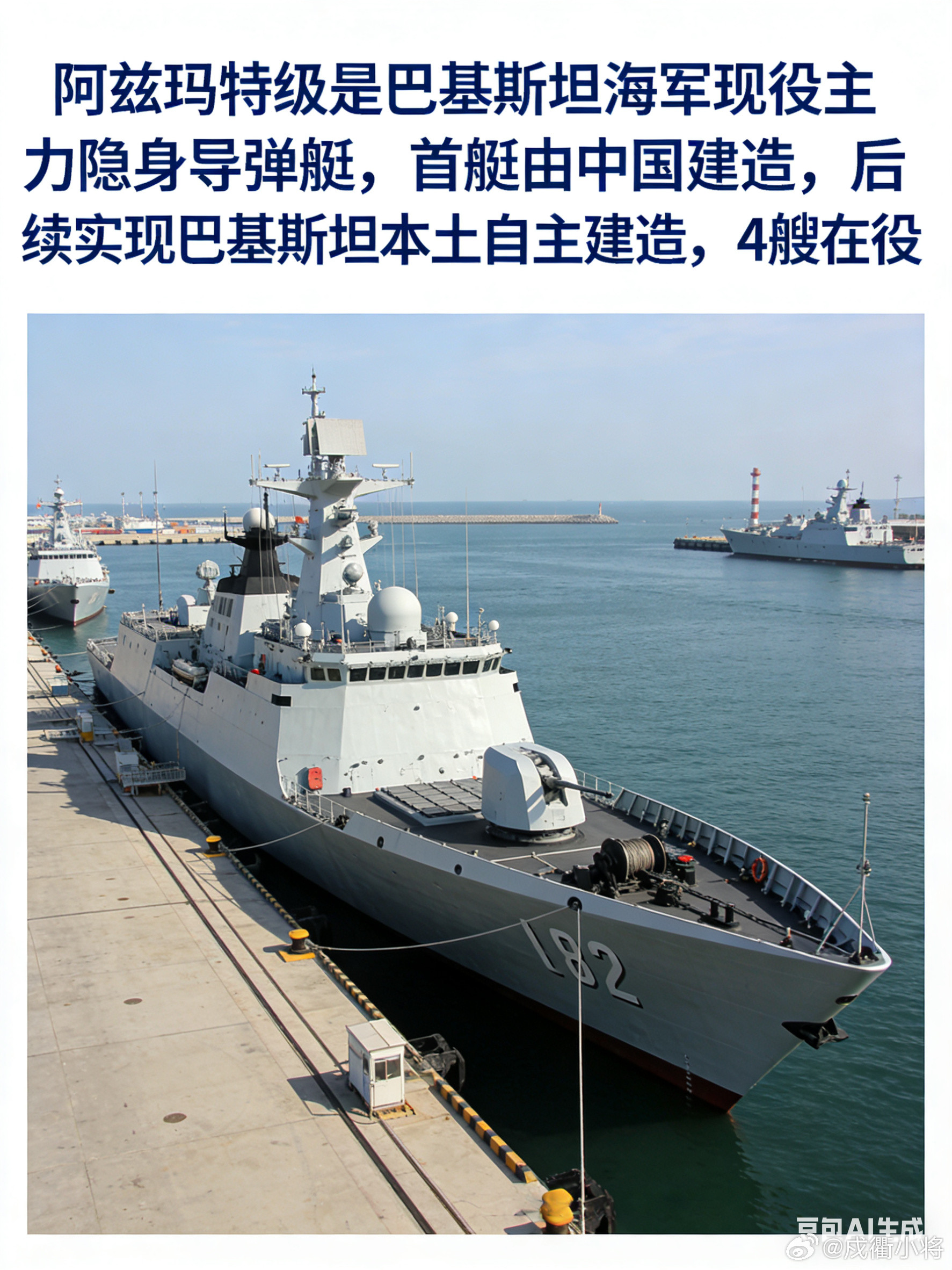 阿兹玛特级是巴基斯坦海军现役的主力隐身导弹艇，由中国设计，首艇在天津新港船厂建造