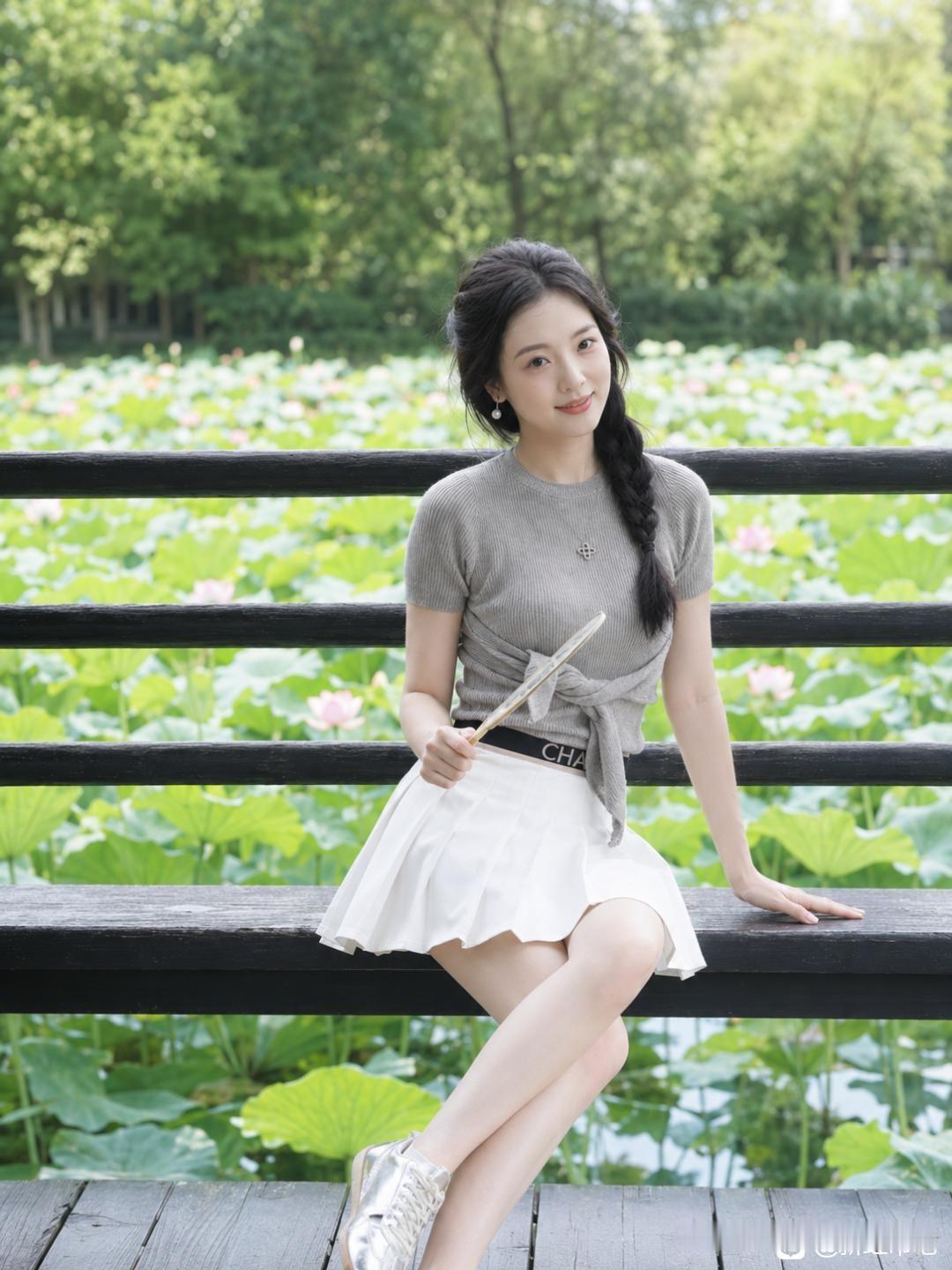 竹林小溪边，少女手持相机，微笑如花。