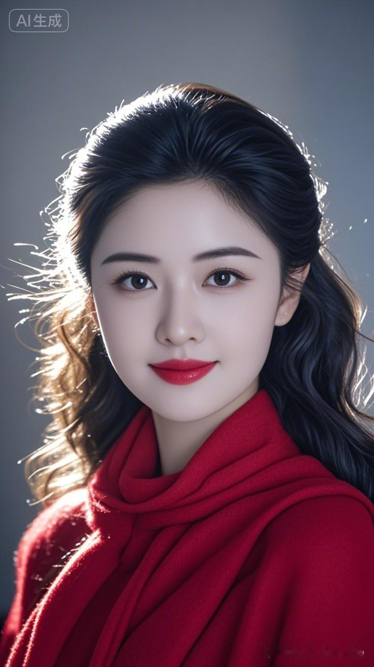 美女发丝在风中轻轻飘动，散发着柔和的光泽。面容宁静而美丽，皮肤细腻动人，身着简约