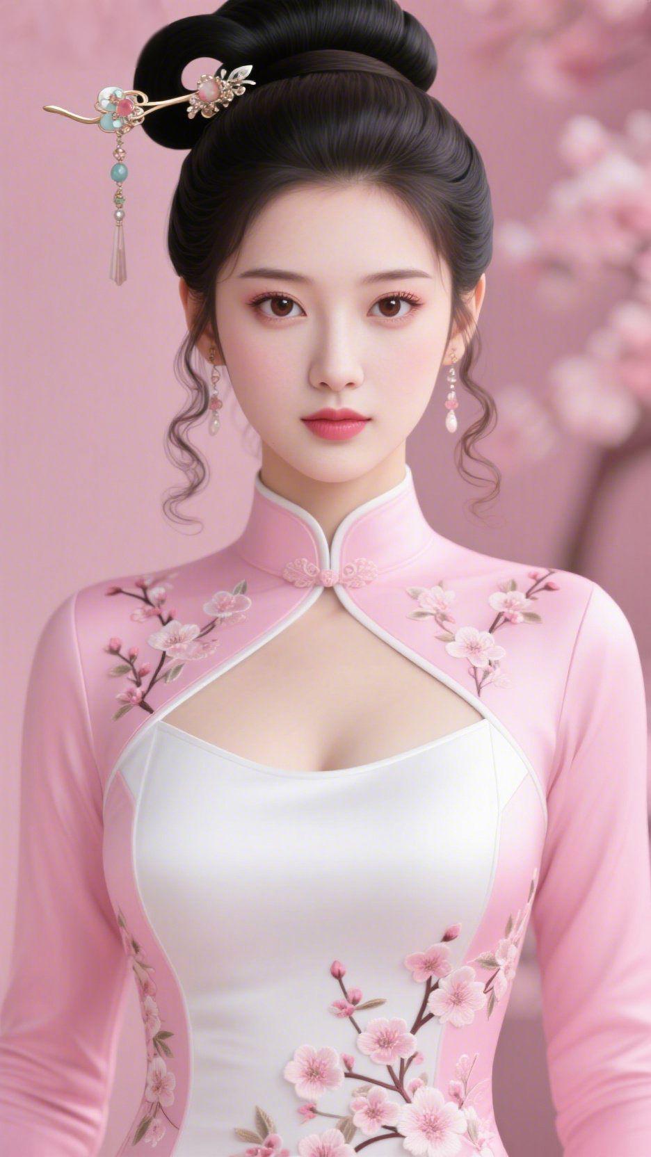 粉襟梅影伴春归淡粉旗袍裁取了春日的柔色，梅枝绣在襟边，恰似将满树春芳凝在了