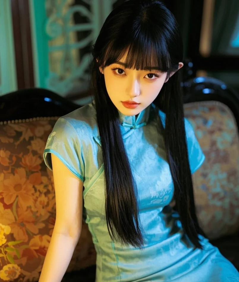 她穿着旗袍站在庭院里，宛如一幅水墨画中的仕女。