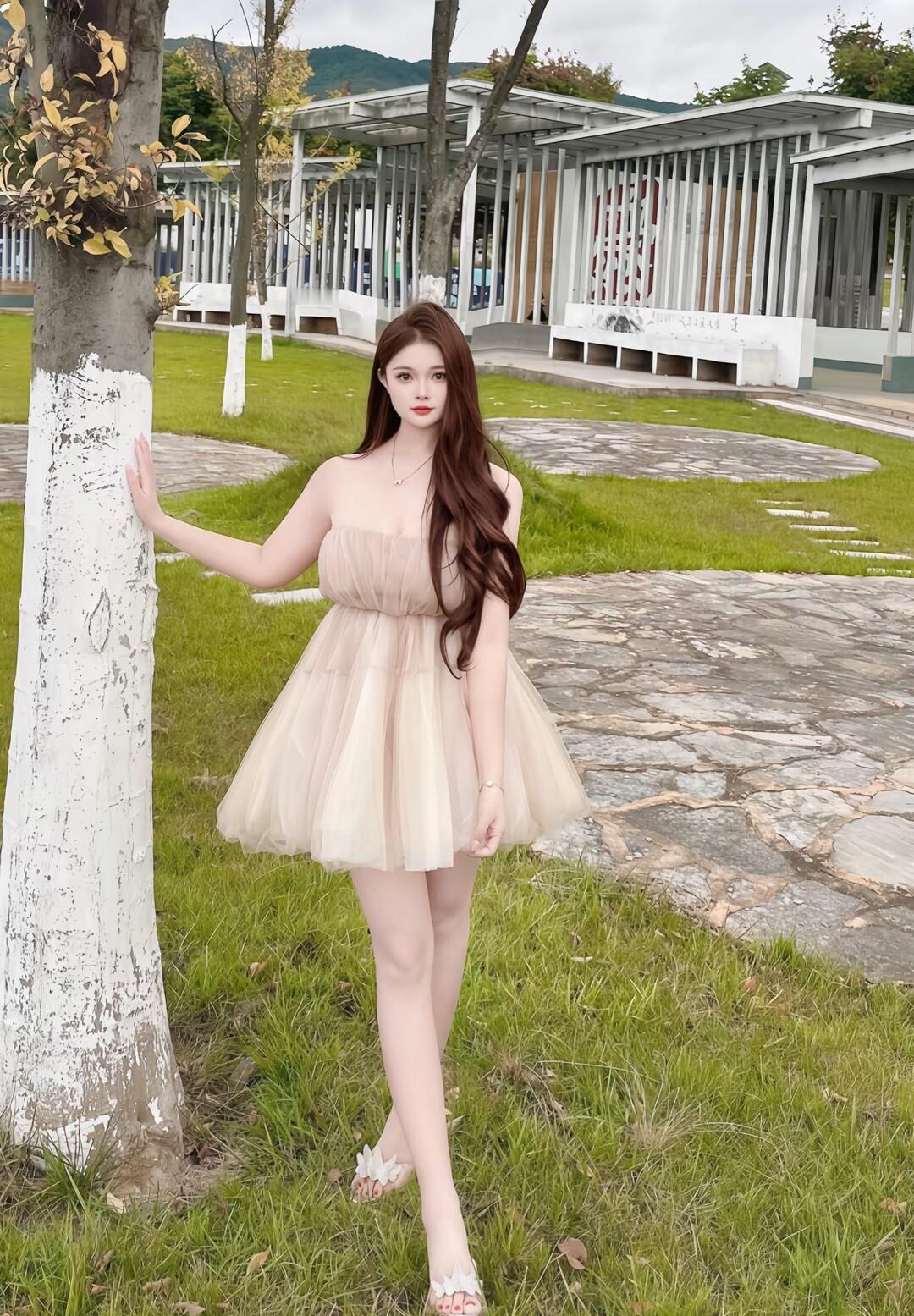 梦幻少女风，浅粉色连衣裙，清新自然，公园里的浪漫时光。