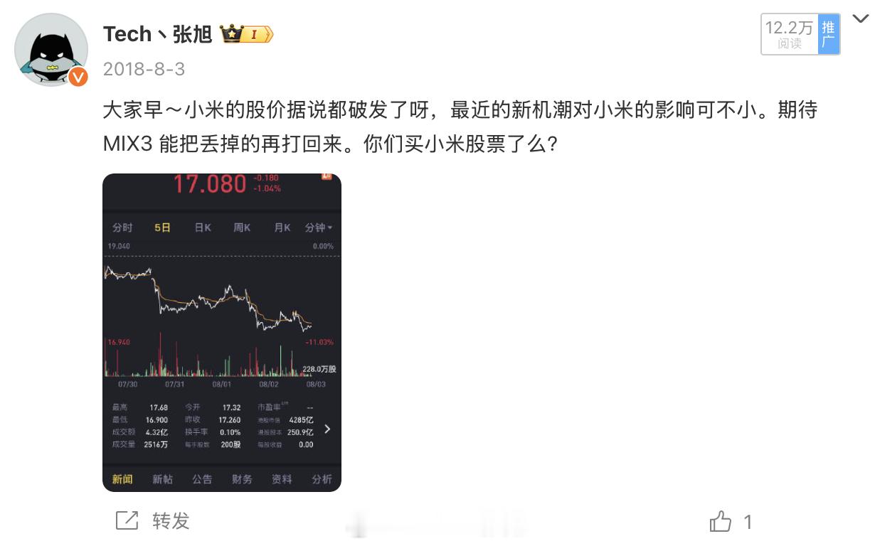 小米股票已经破50了，好猛的势头我印象特别深，2018