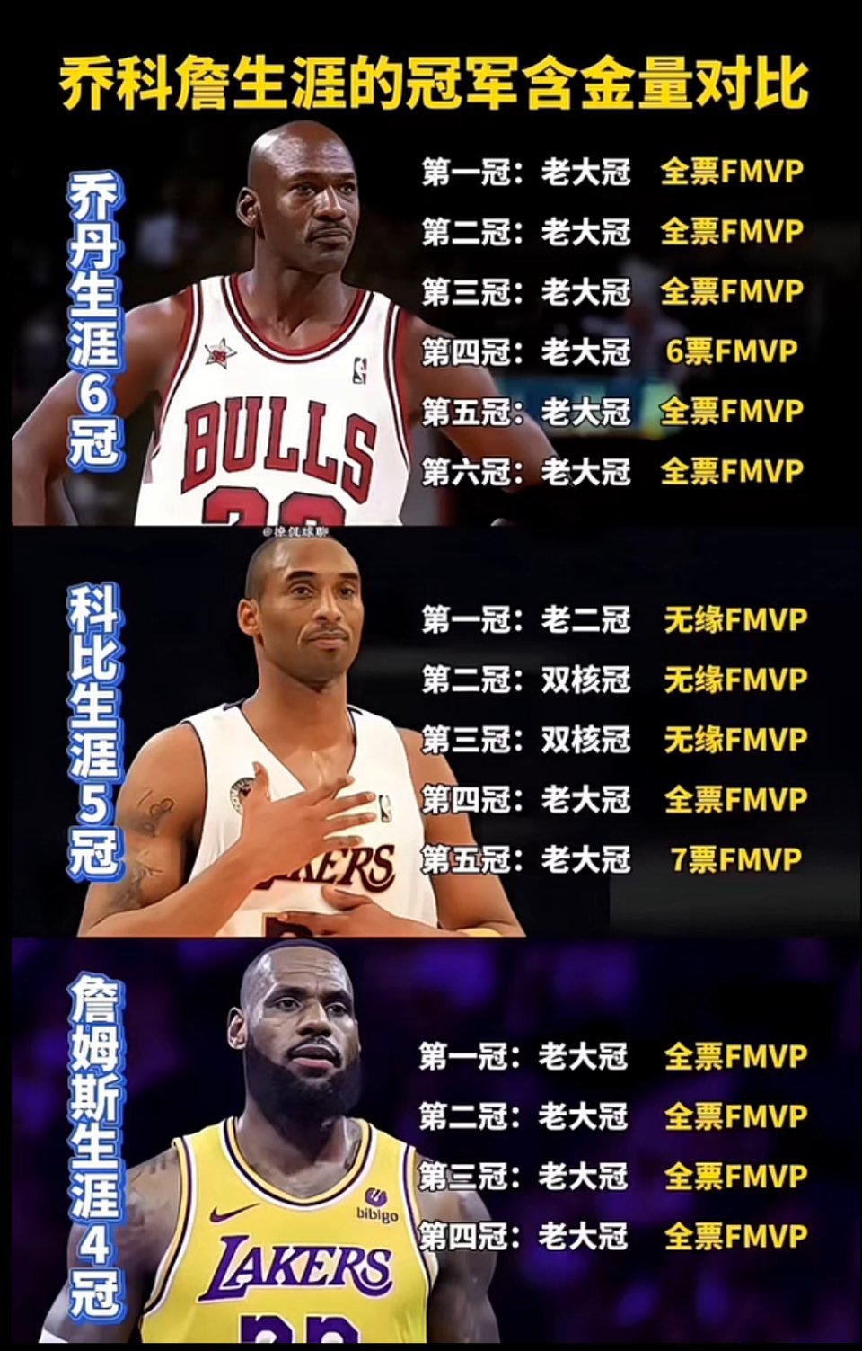 按照乔丹标准，乔丹6个老大冠军，詹姆斯4个按照詹姆斯标准，詹姆斯4个老大冠军，乔
