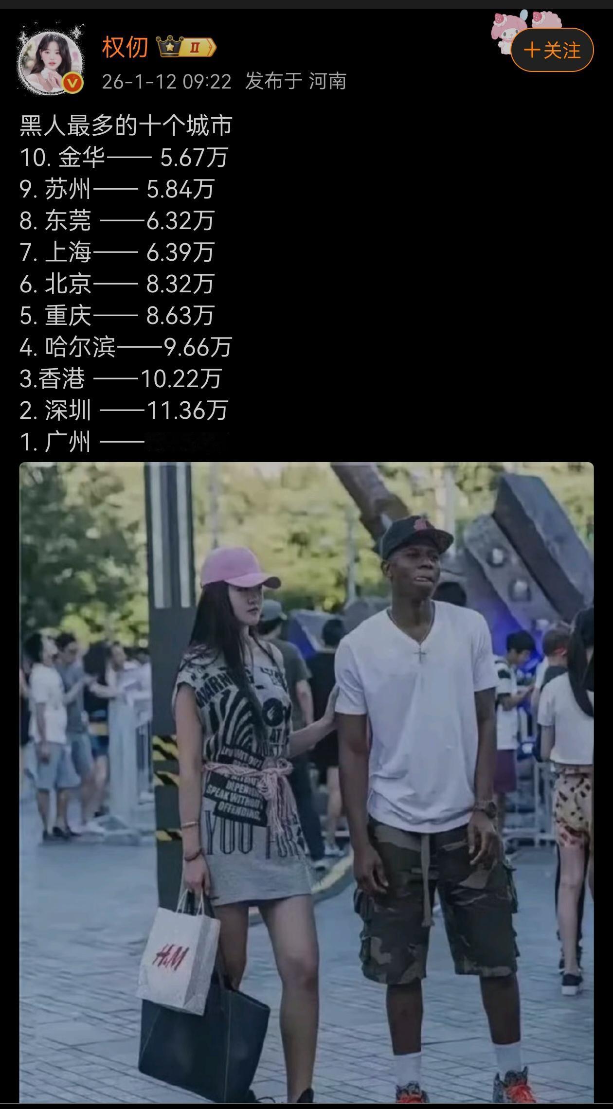 这份所谓的黑人最多的十座城市，数据基本不可信！譬如，人数最多的广州，根本对不拢。