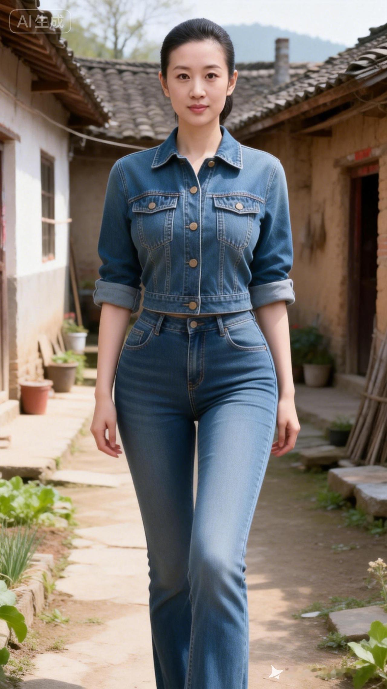 一个穿牛仔套装的姑娘在乡间小路上走。