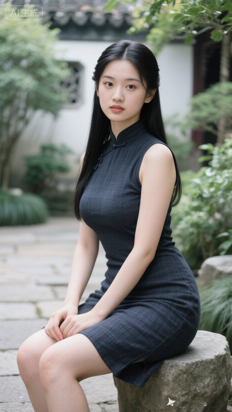 古风少女，静坐石凳，黑裙飘逸，韵味十足。