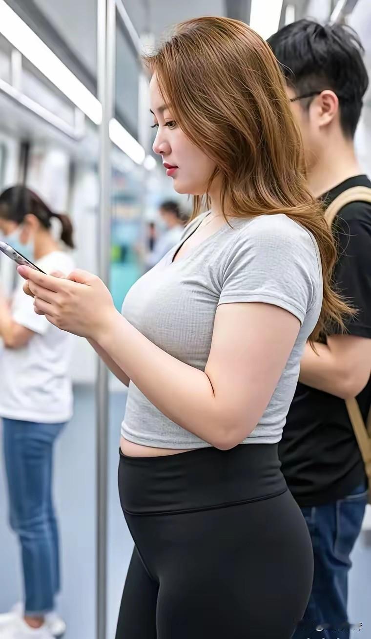 地铁上的时尚穿搭，简约灰T恤搭配黑色紧身裤，轻松自在！👗👖🚇