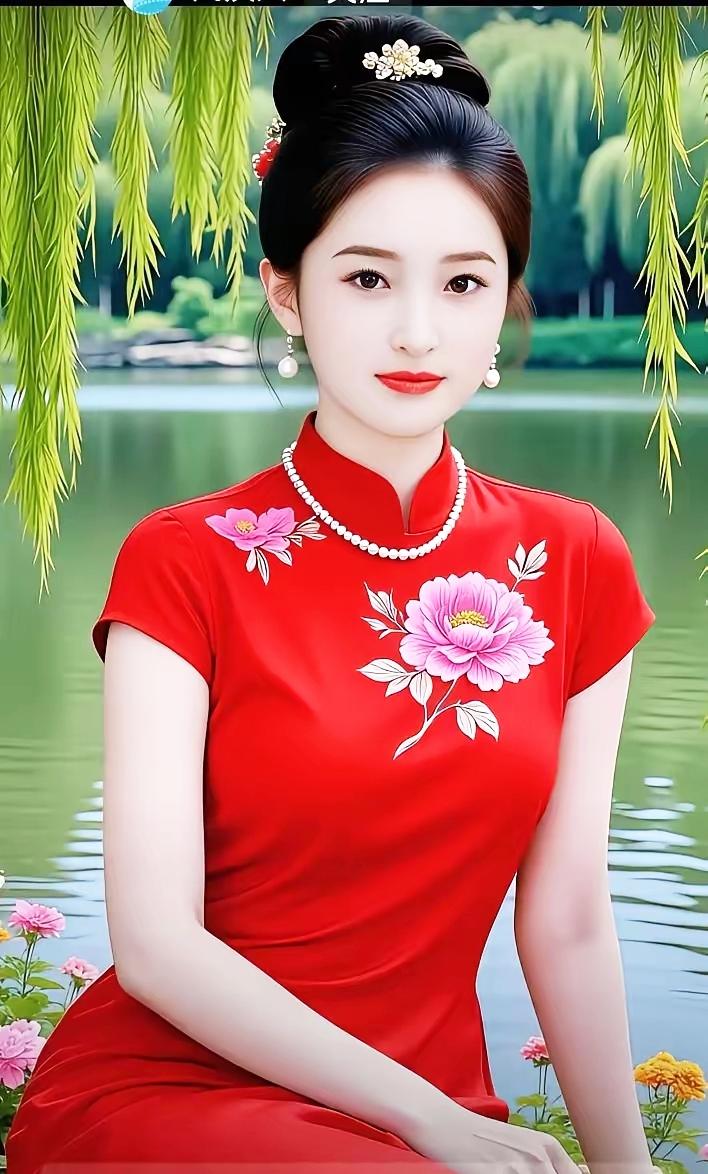 红衣美人，花间静坐，古韵悠然。