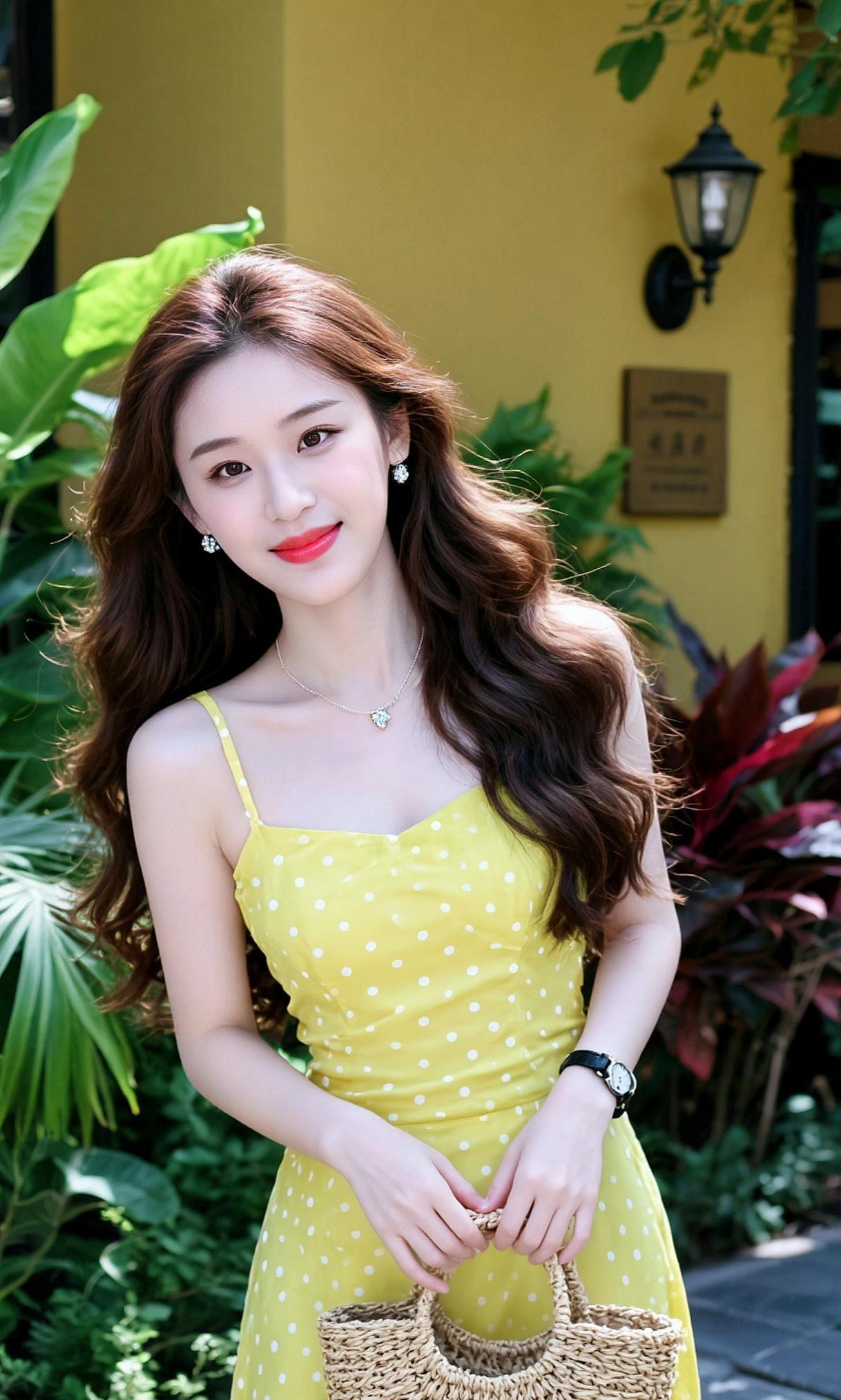 阳光洒在黄色连衣裙上，仿佛为整个画面镀上了一层温暖的光晕。裙摆随着微风轻轻摇曳，