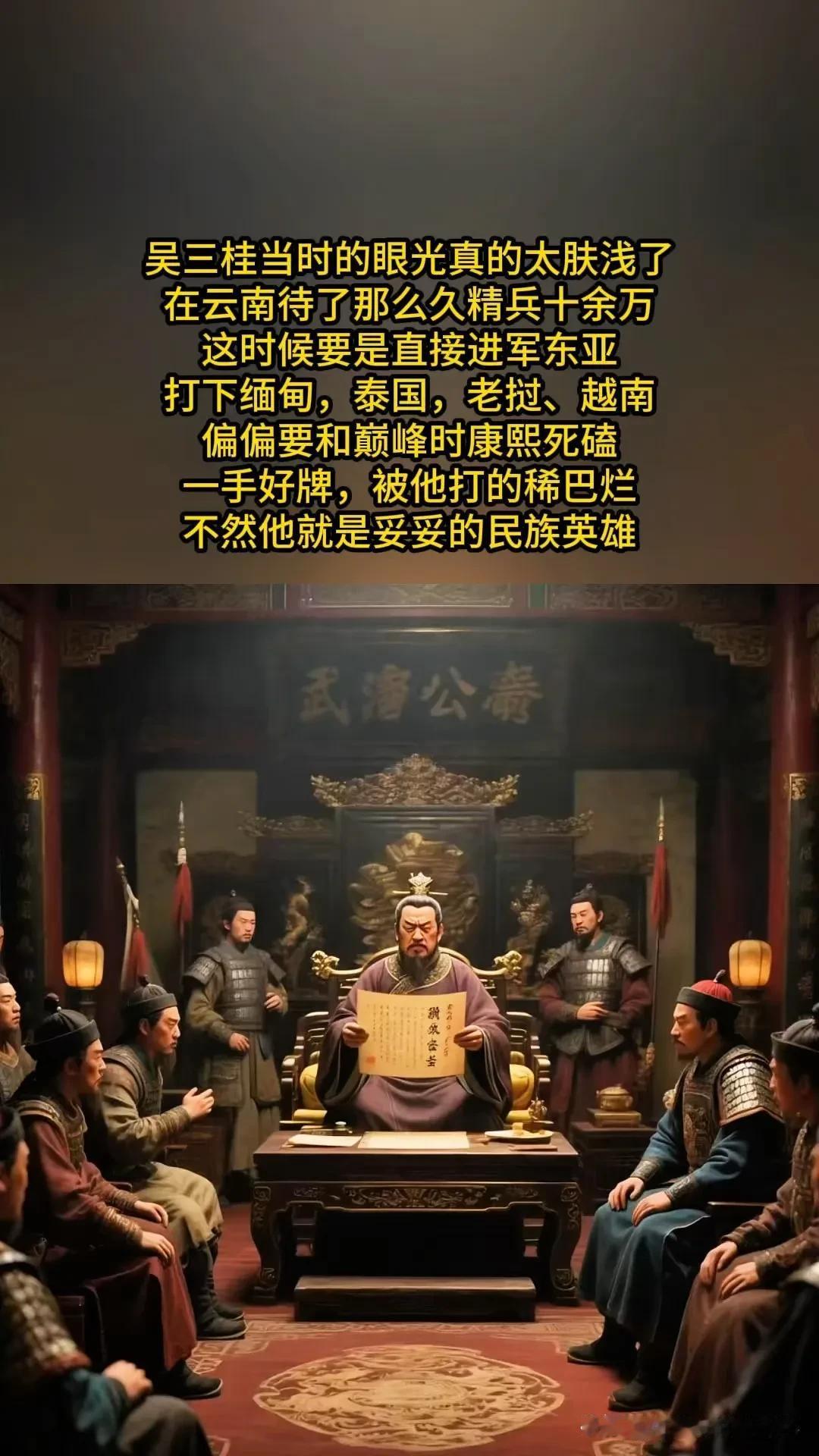 吴三桂真是缺乏远见，在云南待了多年，手里掌握着十多万精兵，这个时候如果选择南下东