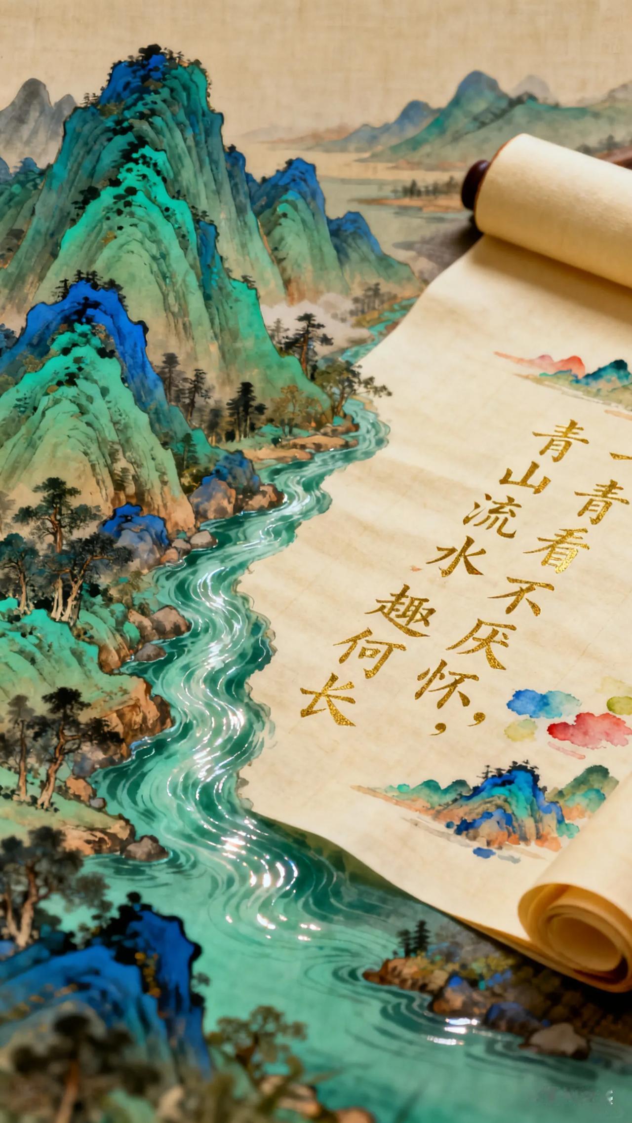 下联：一诗一画一情怀山水藏景，诗画寄情，上下联意境相契——自然之美与人文之