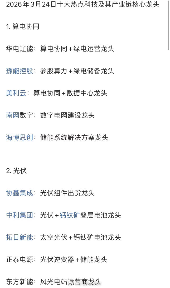 十大热点科技及其产业链核心龙头如下：