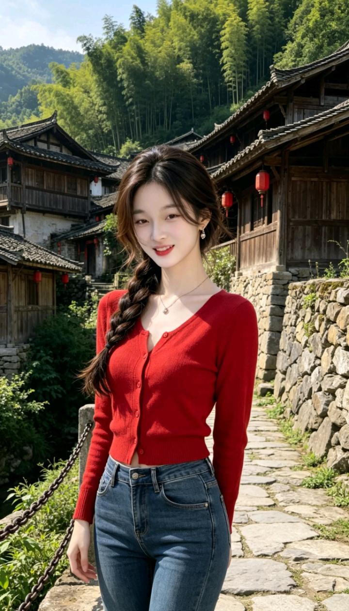 女孩在古村落的石路上微笑。你觉的女人是美貌重要还是人品重要美女的美在哪些方面得