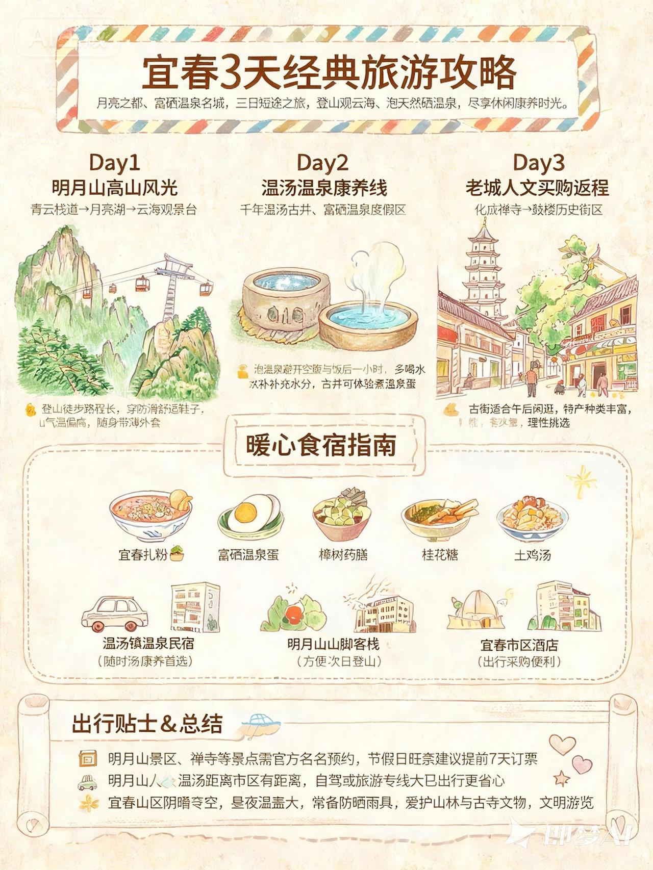 最想去江西哪个城市旅行?江西宜春3天经典旅游攻略信息图：Day1明