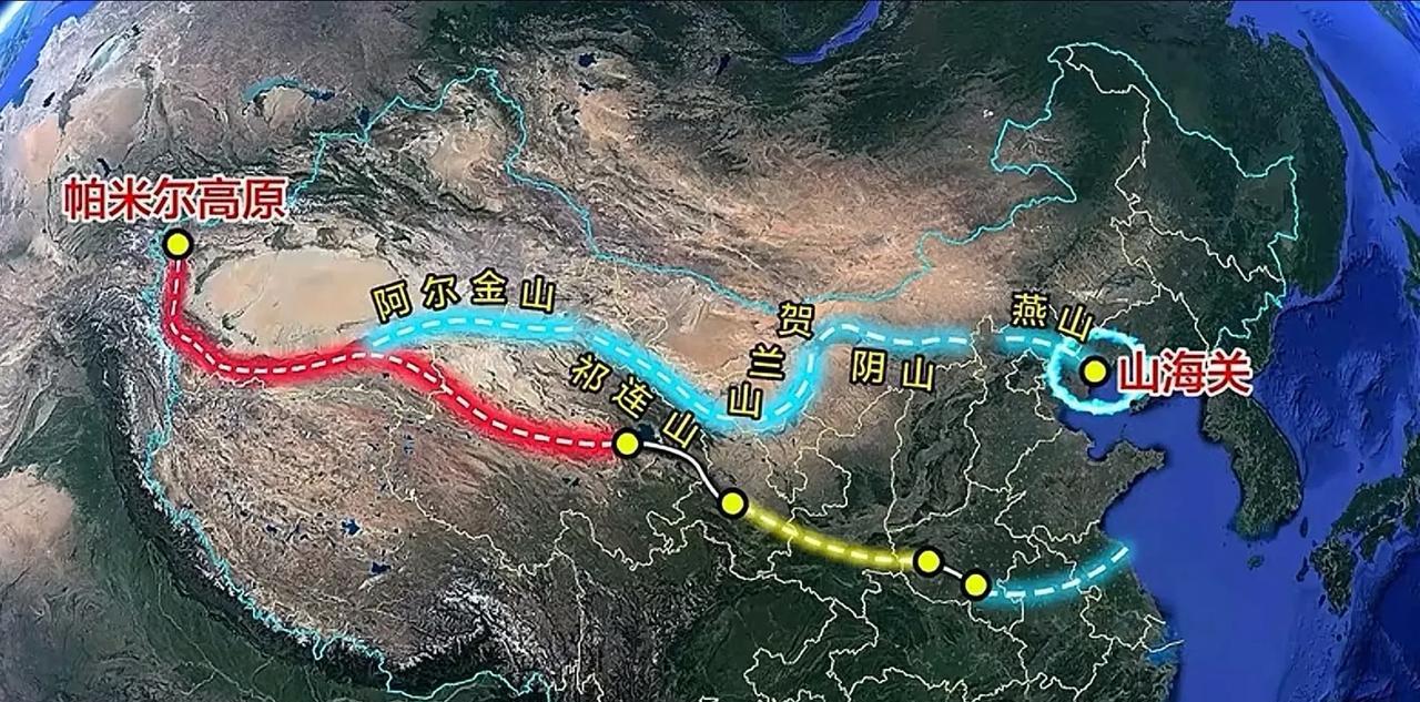 图中的黄线应该是“中华龙脊”秦岭山吧！这样看秦岭好像是昆仑山的延脉！查阅资料得知
