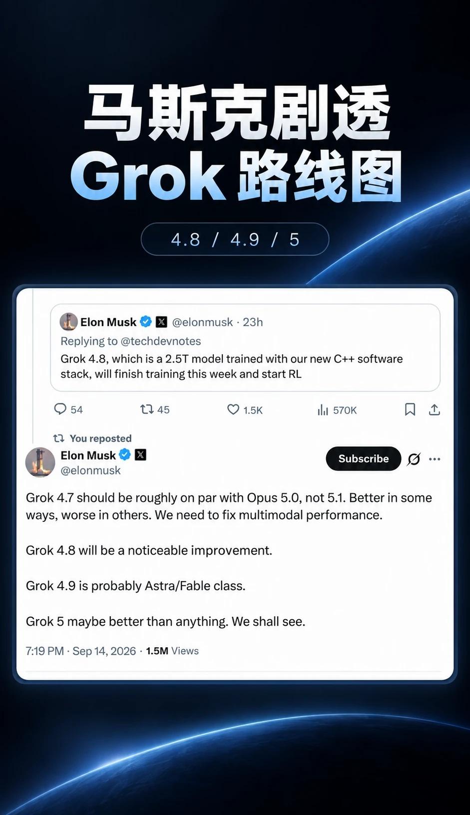 马斯克：Grok4.9对标Astra，Grok5冲第一马斯克最近透露：G